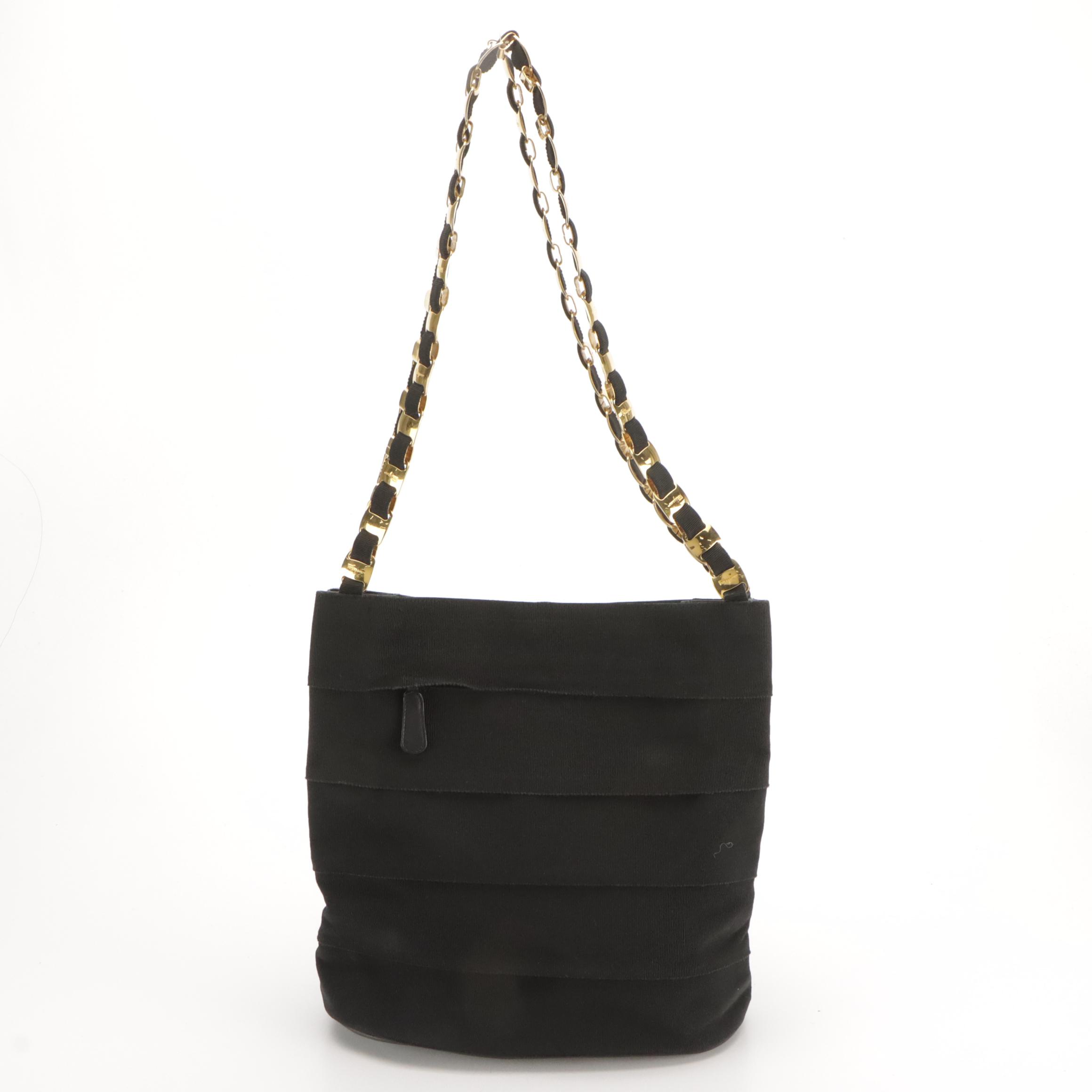 Salvatore Ferragamo Vara Chain Shoulder Bag in Black Grosgrain Tiered Ribbon