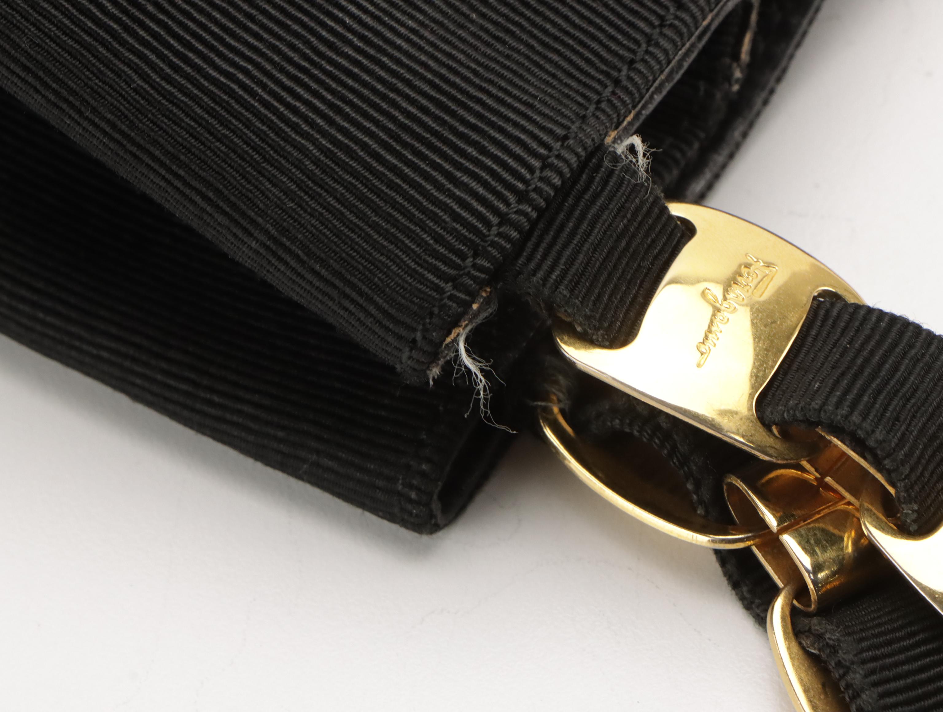 Salvatore Ferragamo Vara Chain Shoulder Bag in Black Grosgrain Tiered Ribbon