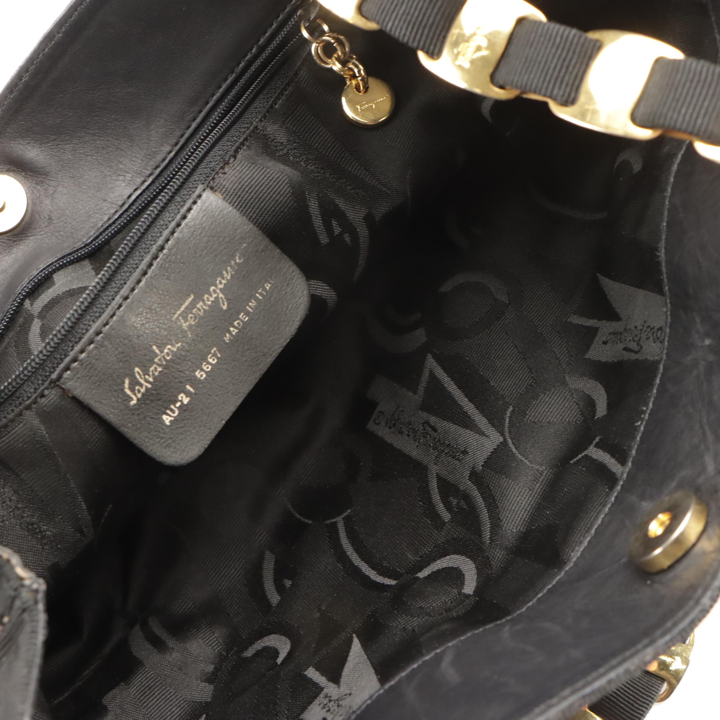 Salvatore Ferragamo Vara Chain Shoulder Bag in Black Grosgrain Tiered Ribbon