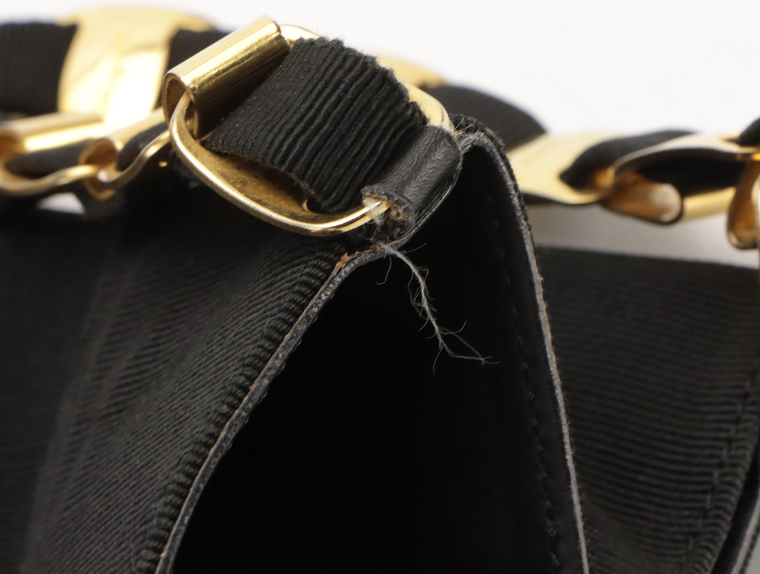 Salvatore Ferragamo Vara Chain Shoulder Bag in Black Grosgrain Tiered Ribbon