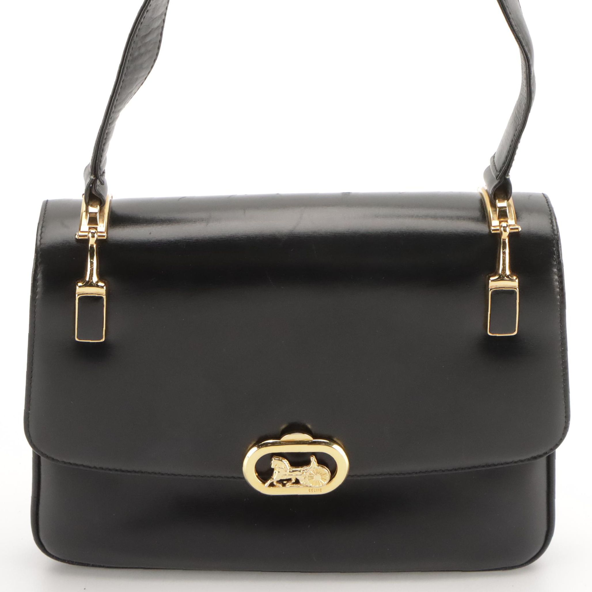 Céline Horse Carriage Closure Shoulder Bag in Black Leather