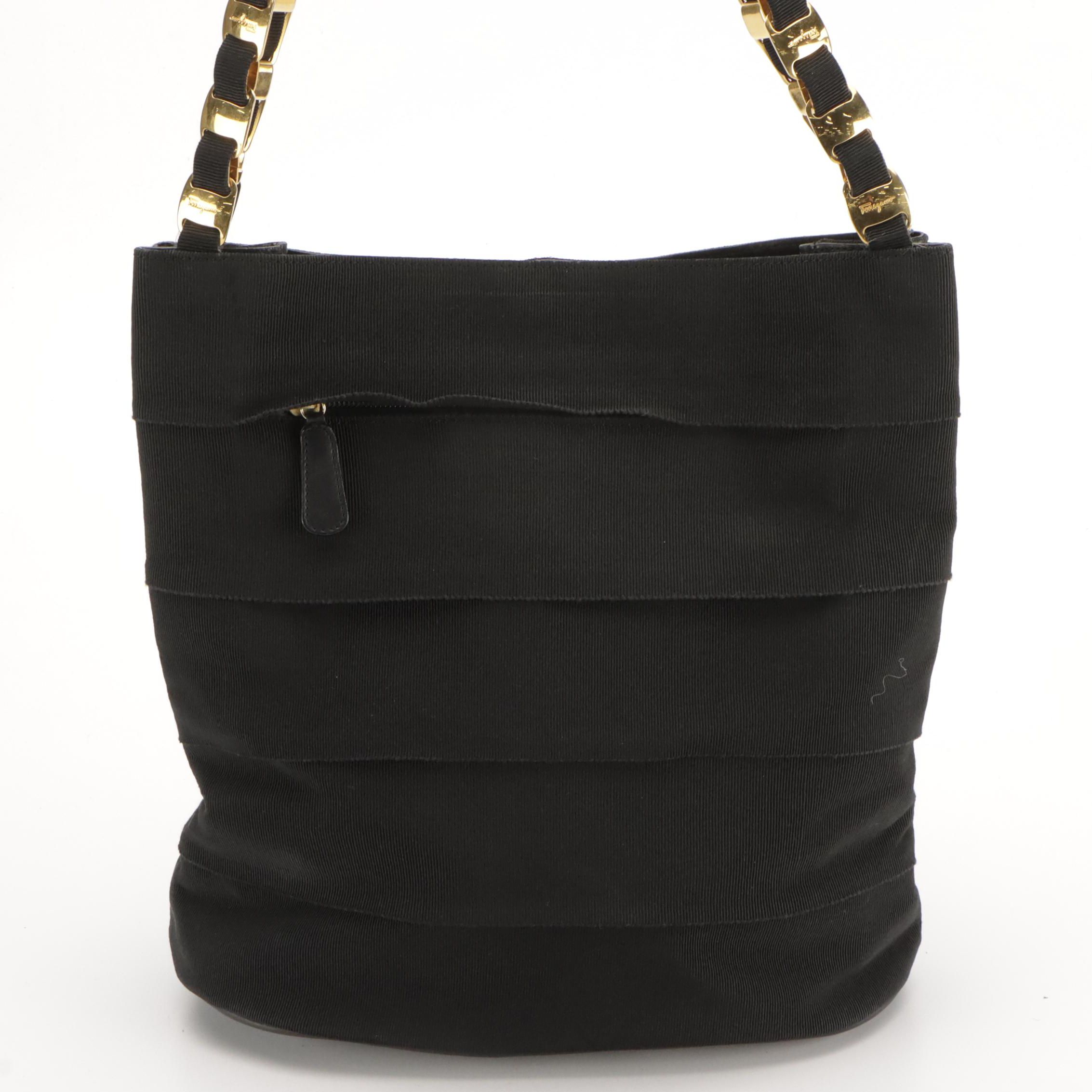 Salvatore Ferragamo Vara Chain Shoulder Bag in Black Grosgrain Tiered Ribbon
