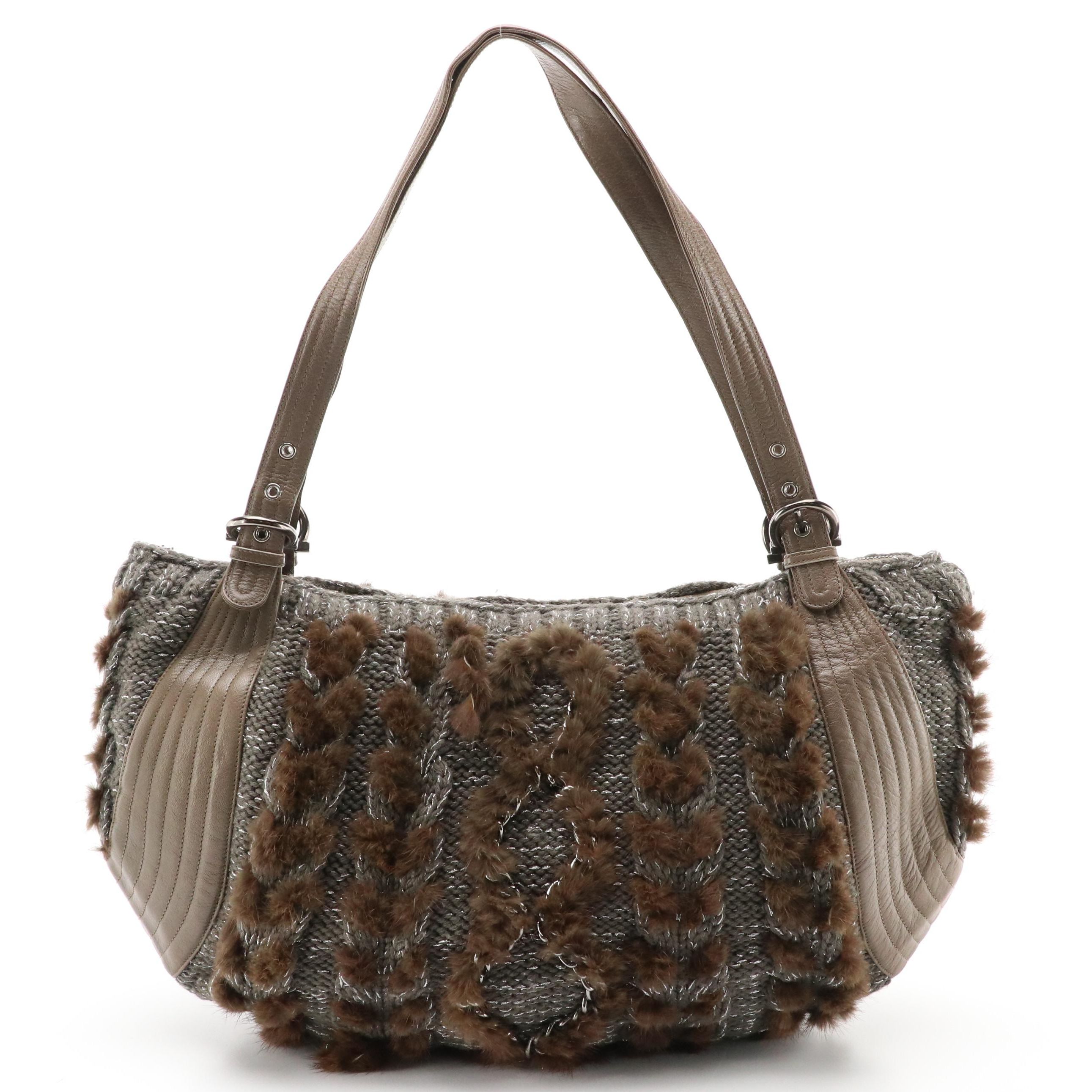 Salvatore Ferragamo Balena Knit/Leather Bag with Mink Paw Fur/Chain Trim