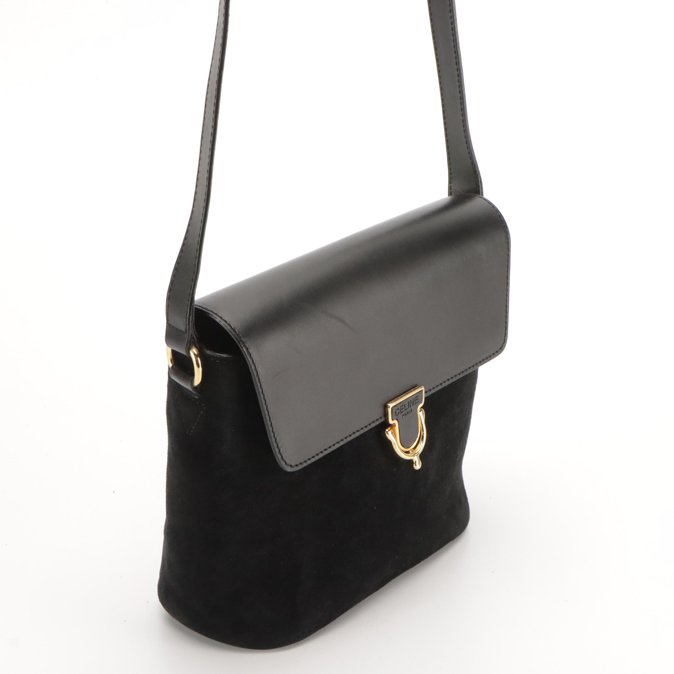 Celine Black Suede and Leather Front-Flap Shoulder Bag