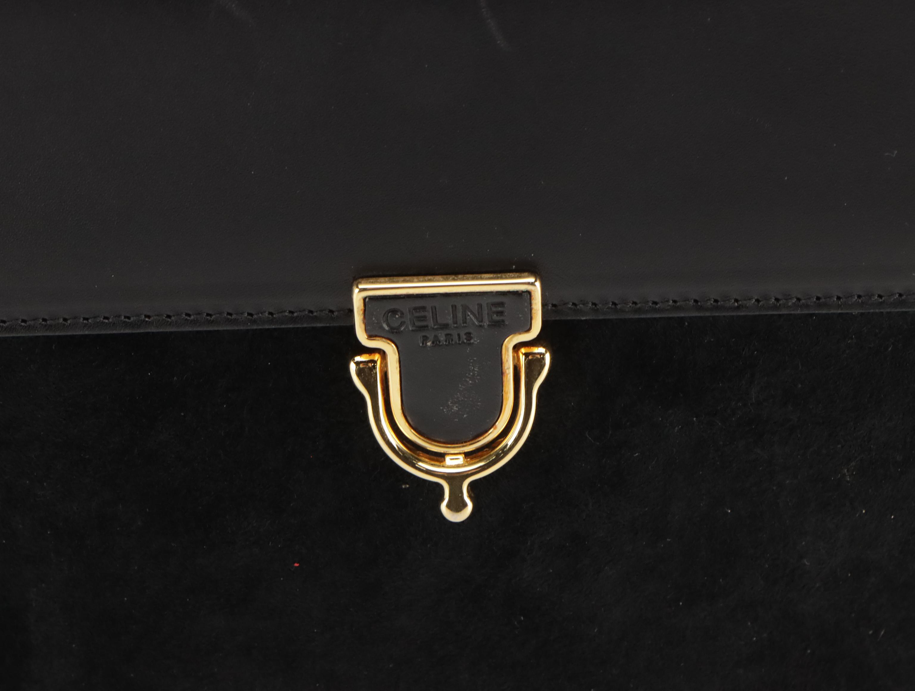 Celine Black Suede and Leather Front-Flap Shoulder Bag