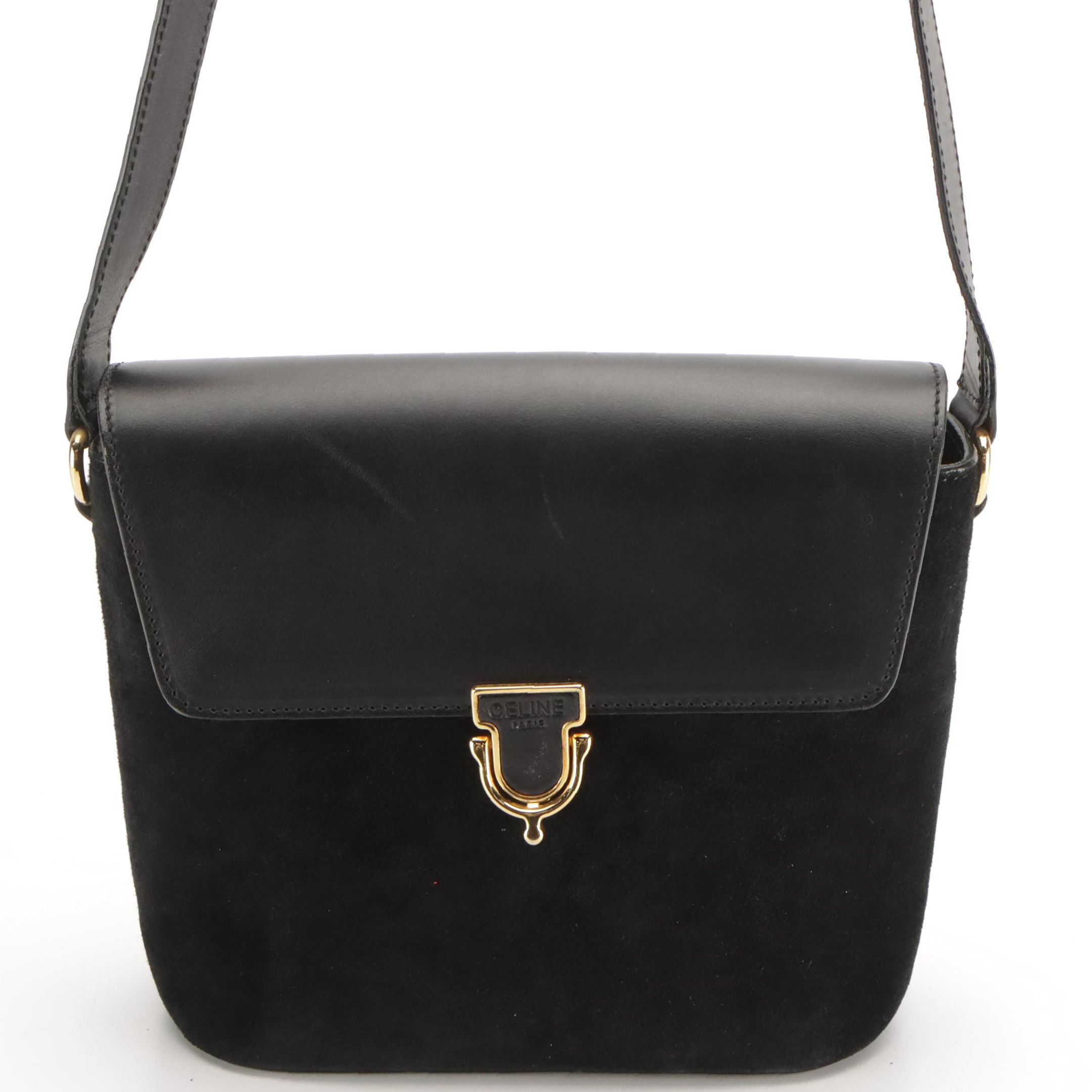 Celine Black Suede and Leather Front-Flap Shoulder Bag