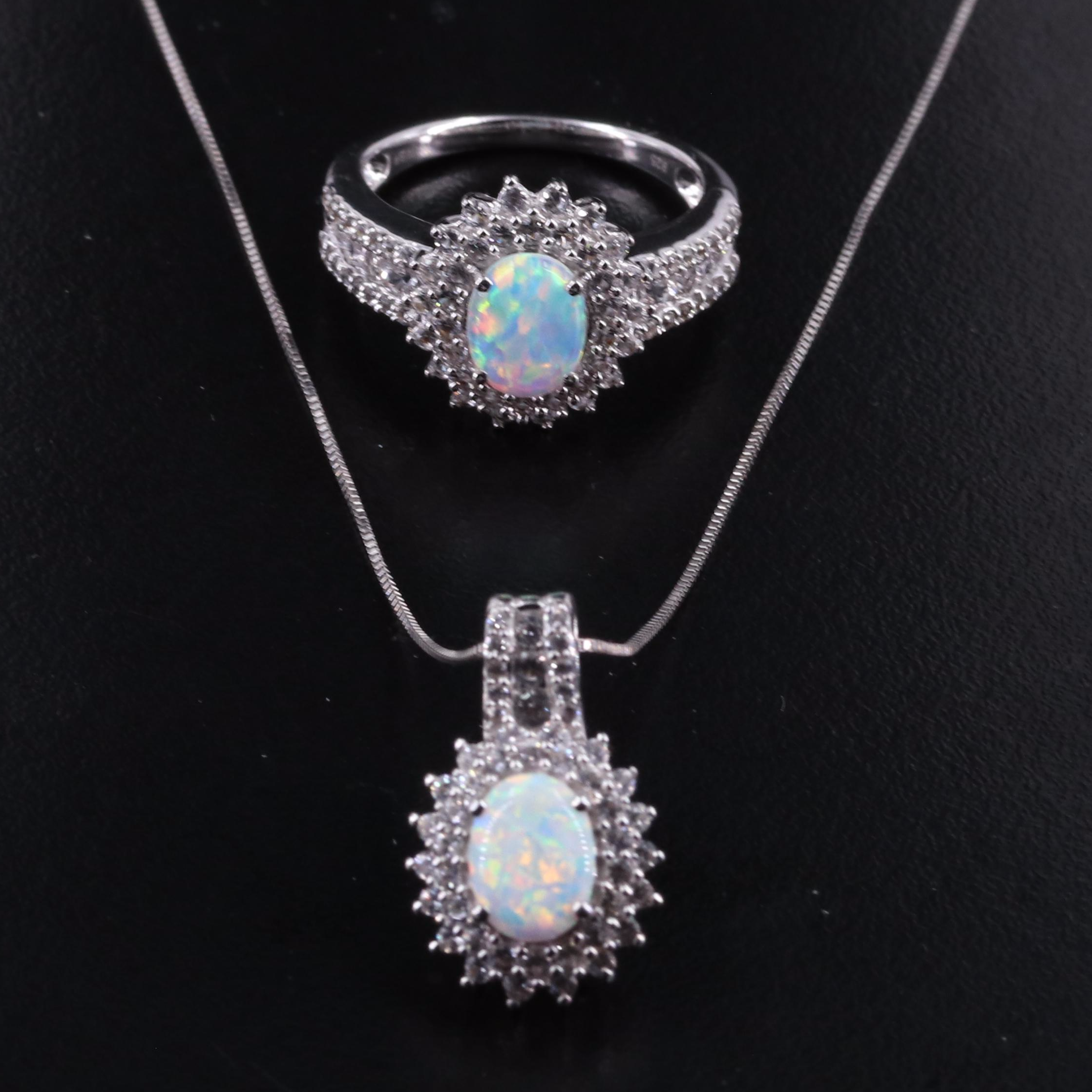 Sterling Opal and White Sapphire Ring with Pendant Necklace