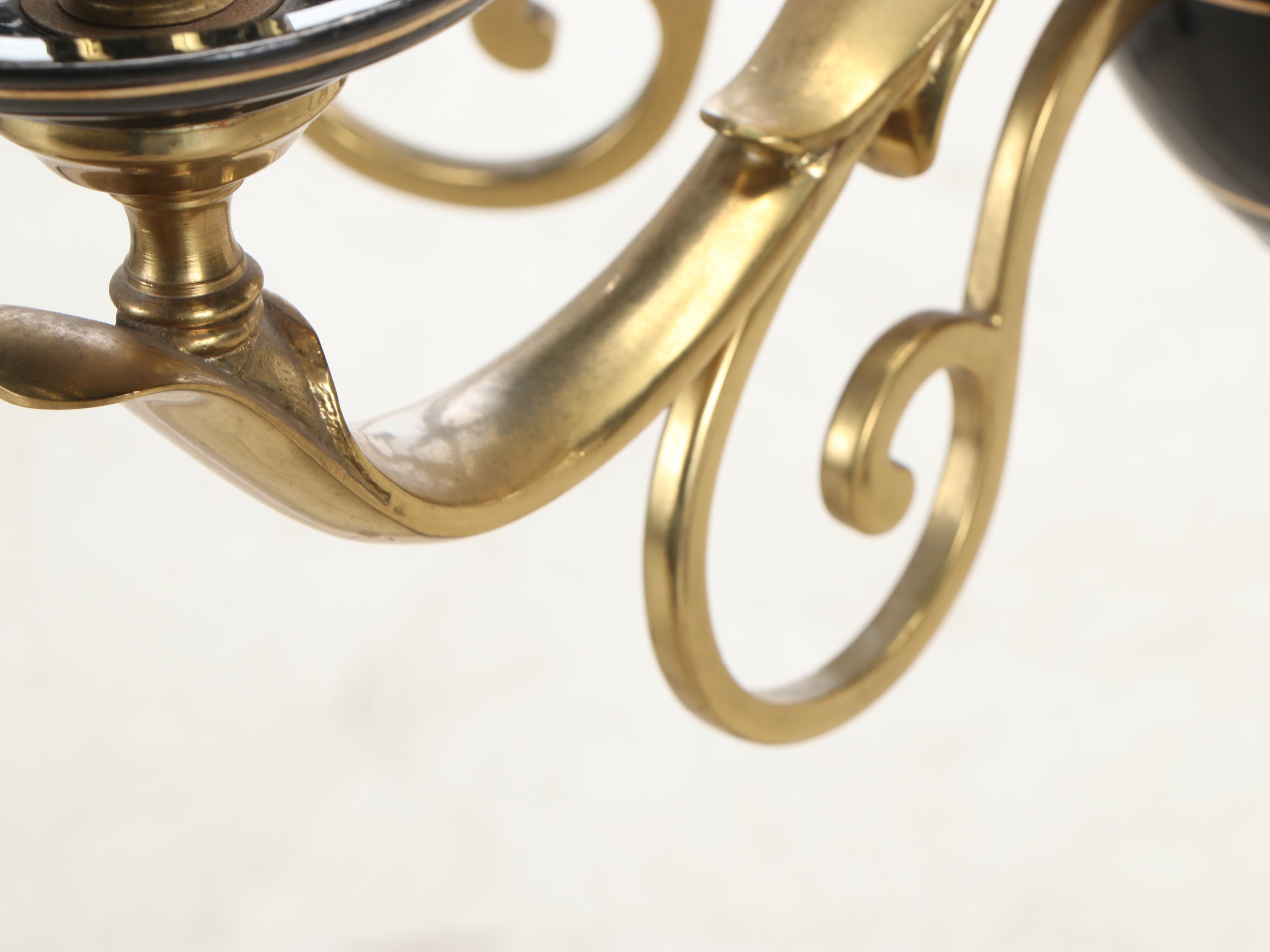 Spanish Satin Gilt with Black Porcelain Six Arm Chandelier, Vintage