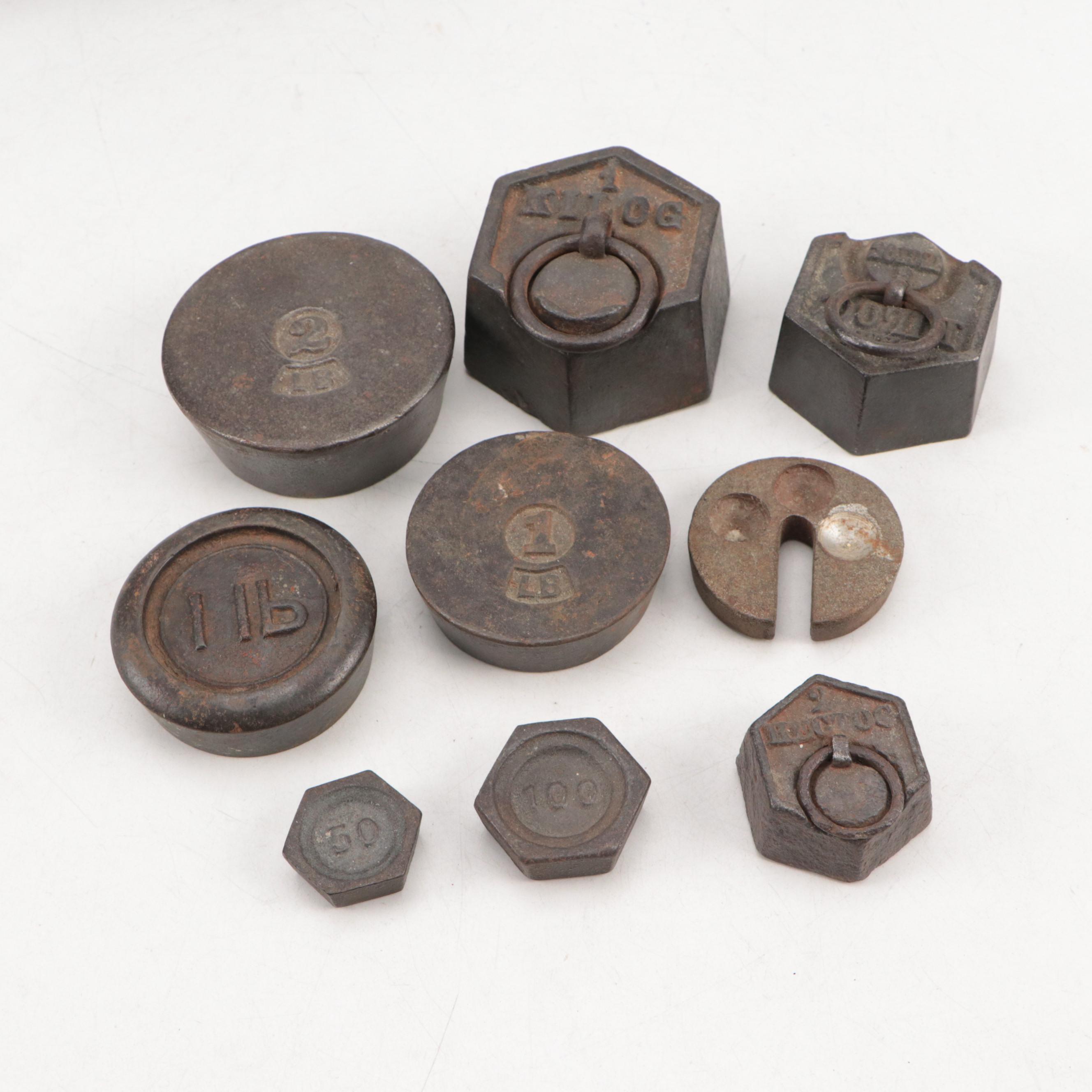 Cast Iron and Brass Weights, 1–16 lb., with Balance Scale Components