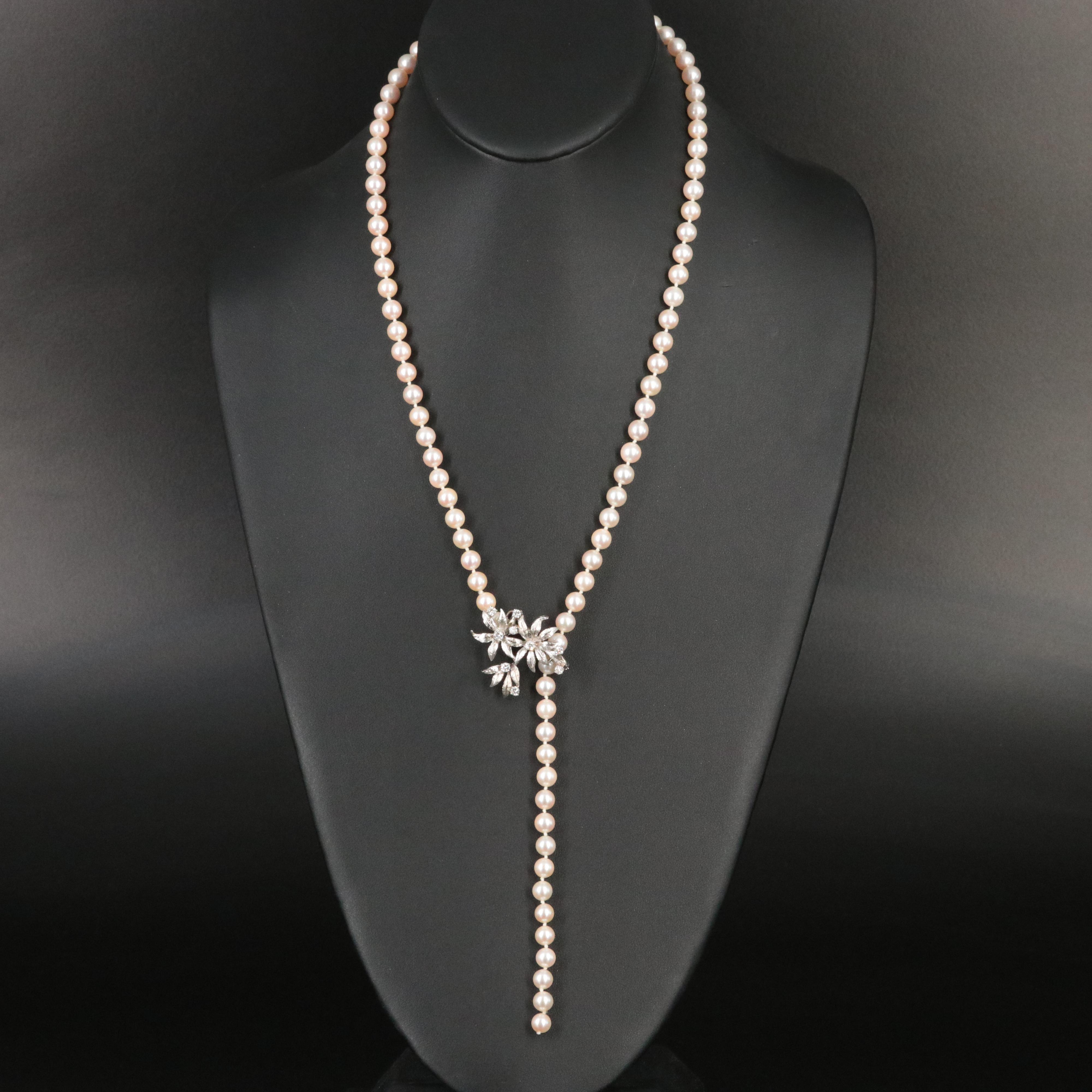 Pearl Lariat with 14K Diamond Floral Clasp