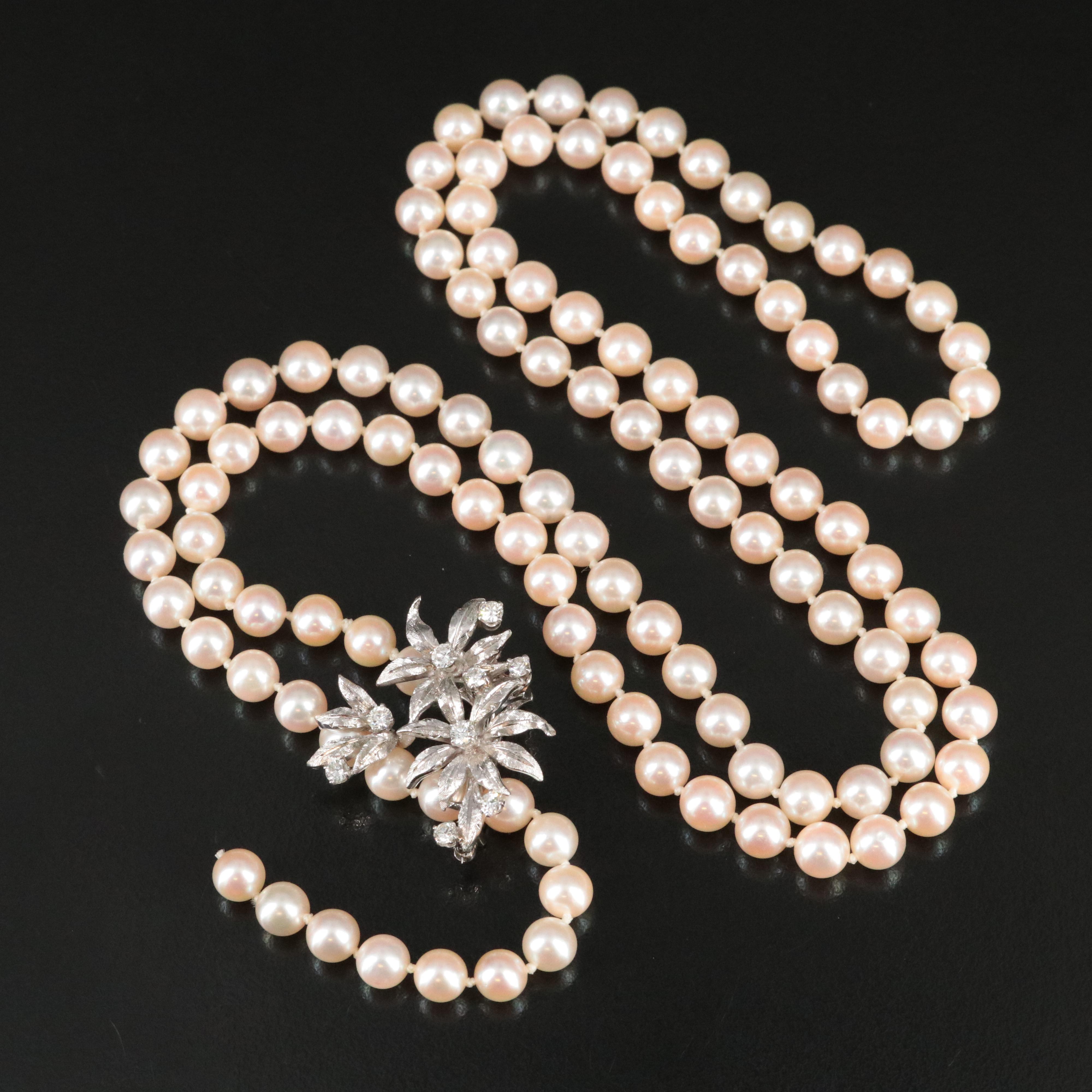 Pearl Lariat with 14K Diamond Floral Clasp
