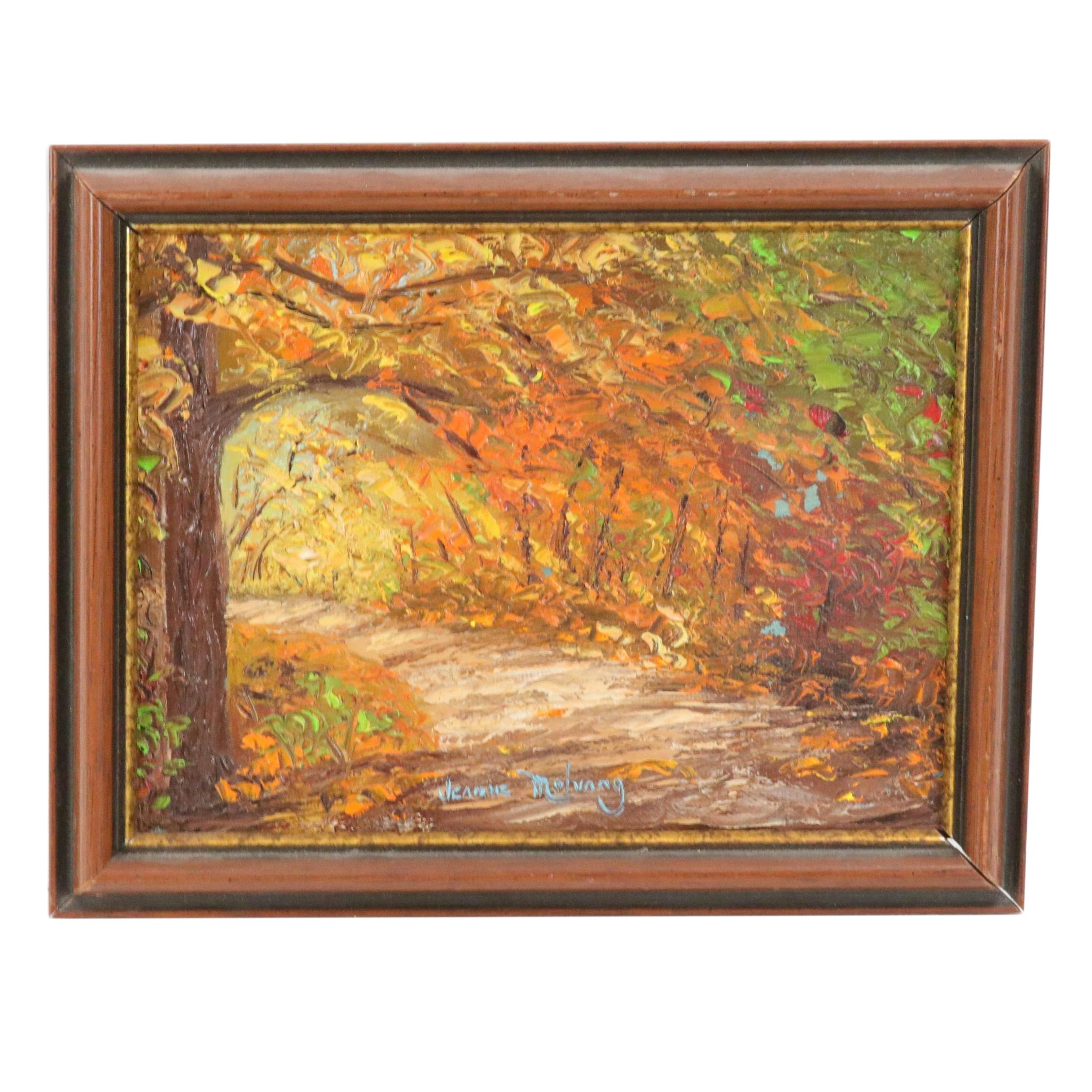 Jeanne Moluang Miniature Landscape Oil Painting "Road in Fall," 1980