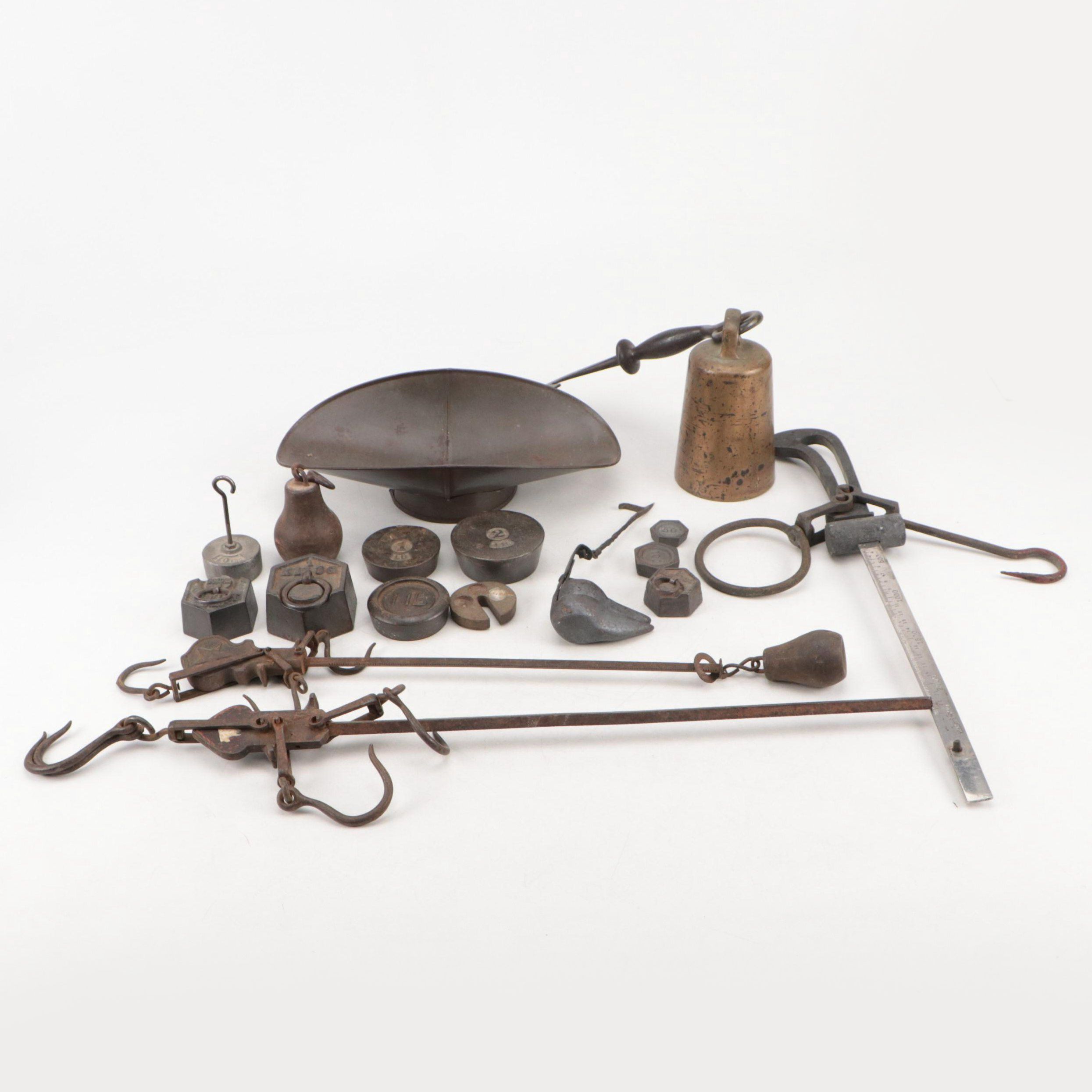 Cast Iron and Brass Weights, 1–16 lb., with Balance Scale Components