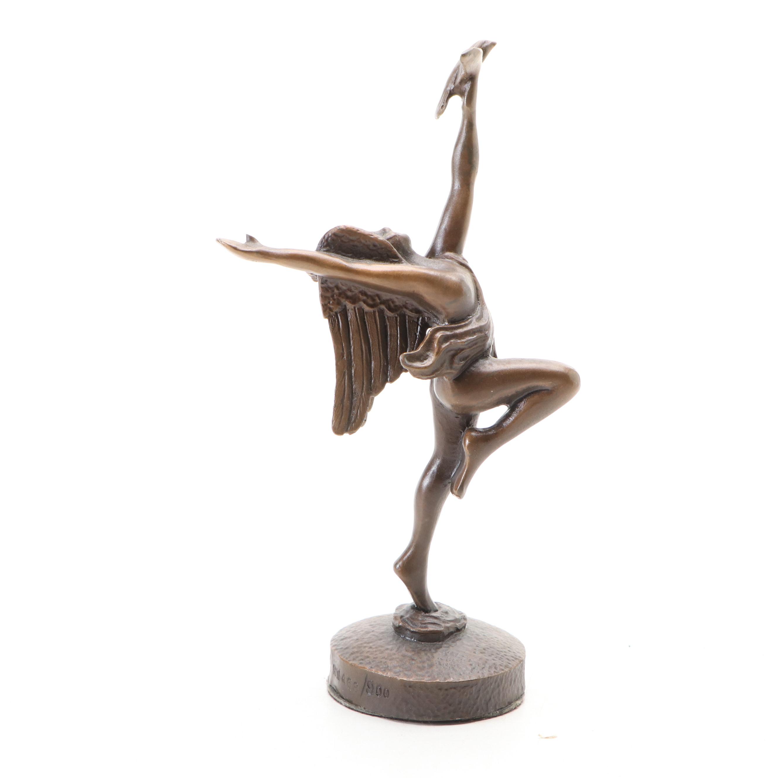 Art Deco Style Dancing Angel with Dove Bronze Sculpture