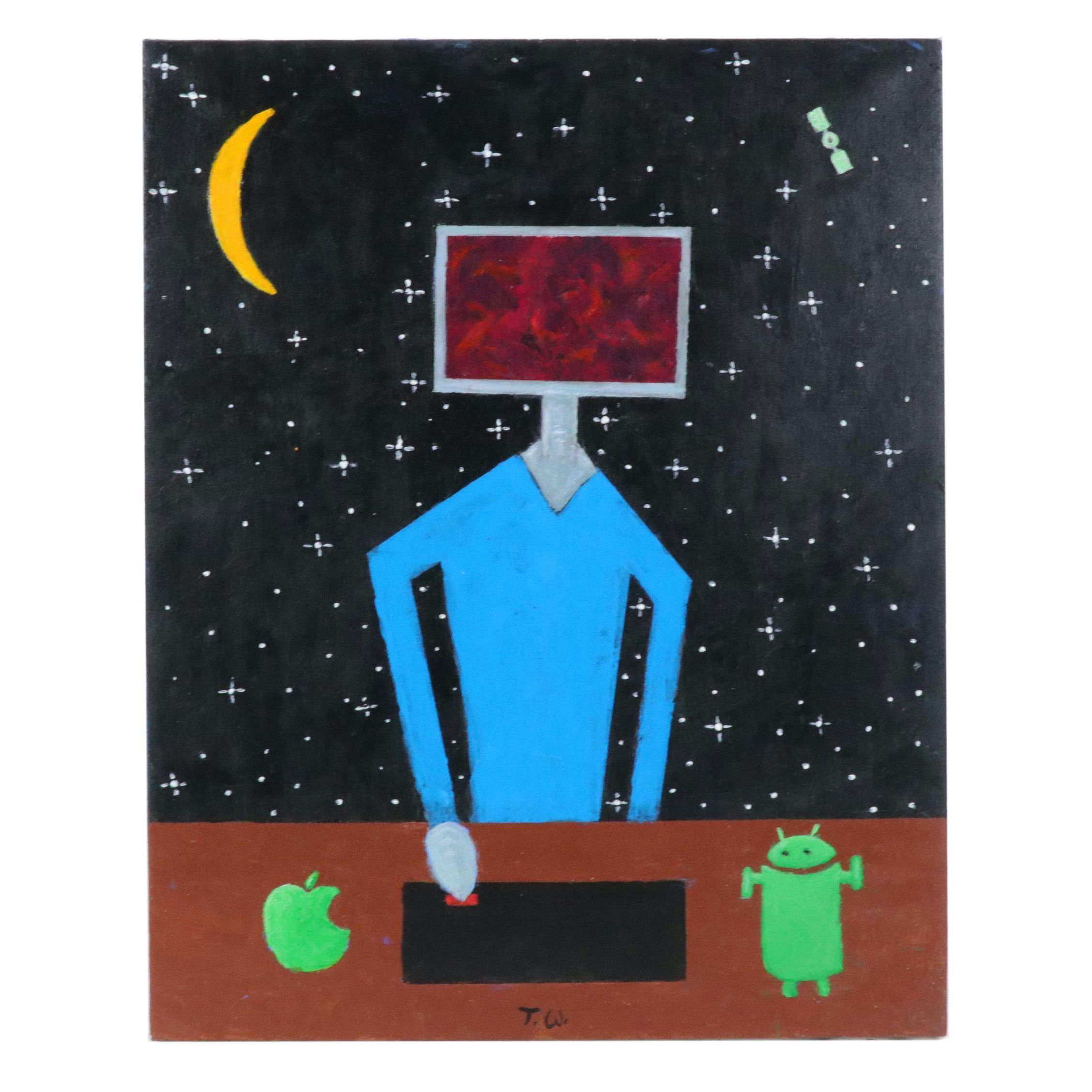 James Thomas Watkins Figural Surrealist Acrylic Painting, 21st Century