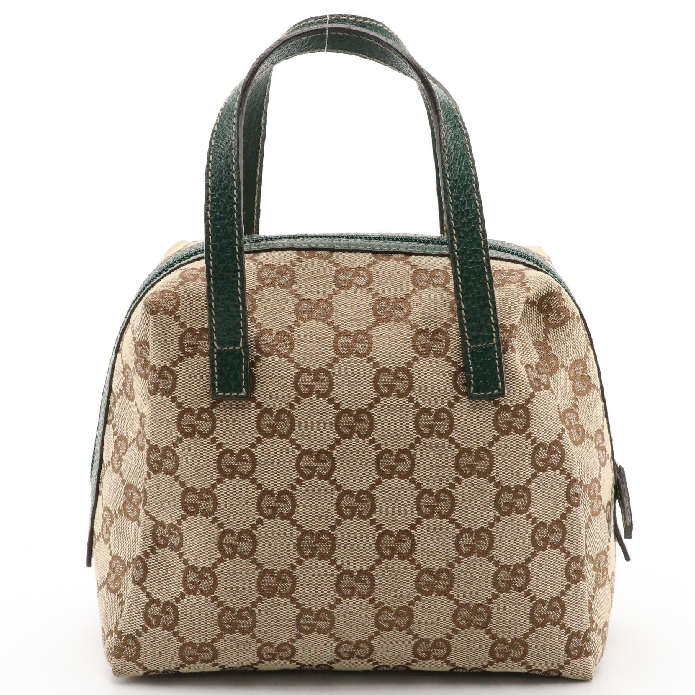 Gucci Mini Satchel Handbag in GG Canvas and Pine Green Cinghiale Leather Trim