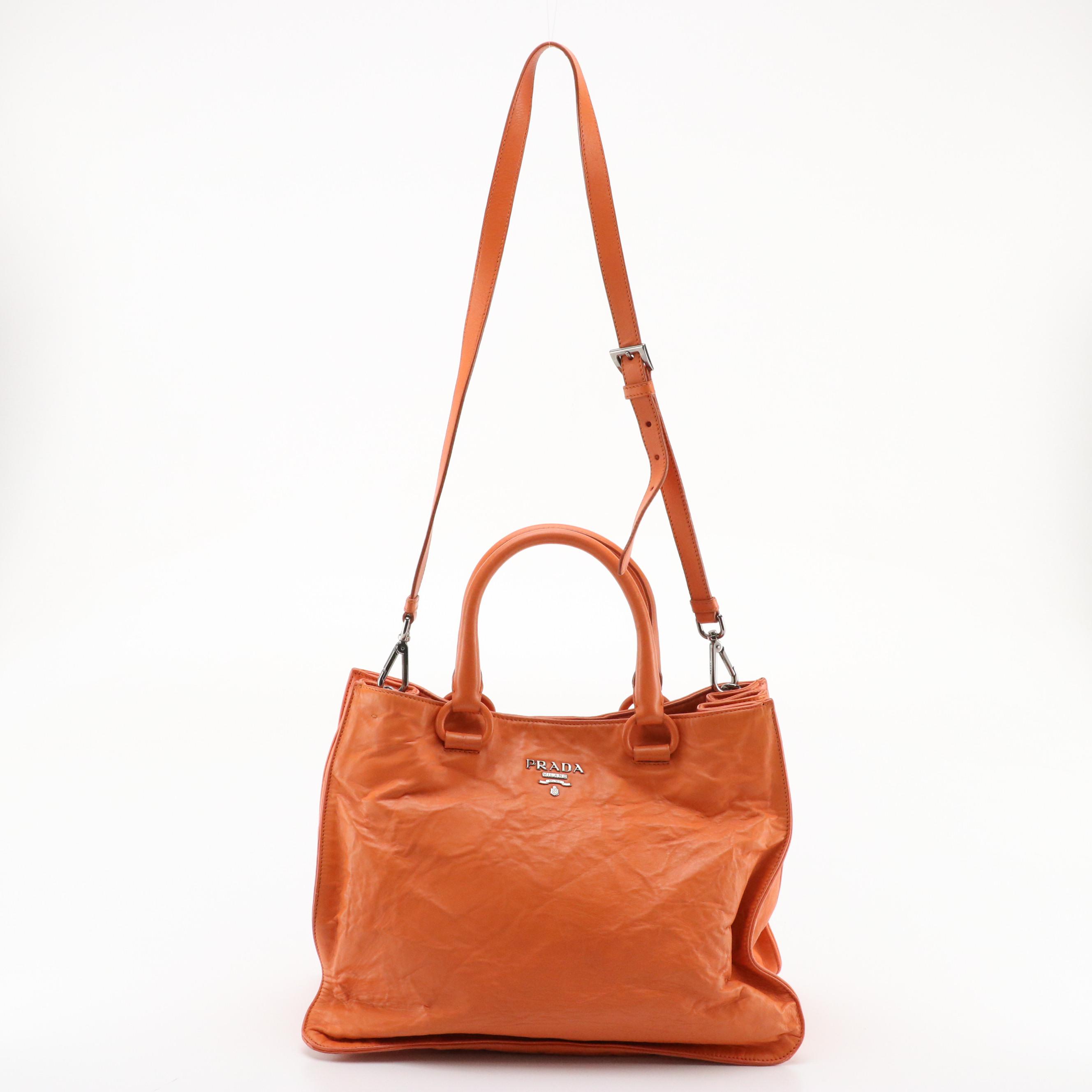 Prada Expandable Two-Way Tote in Orange Distressed Leather