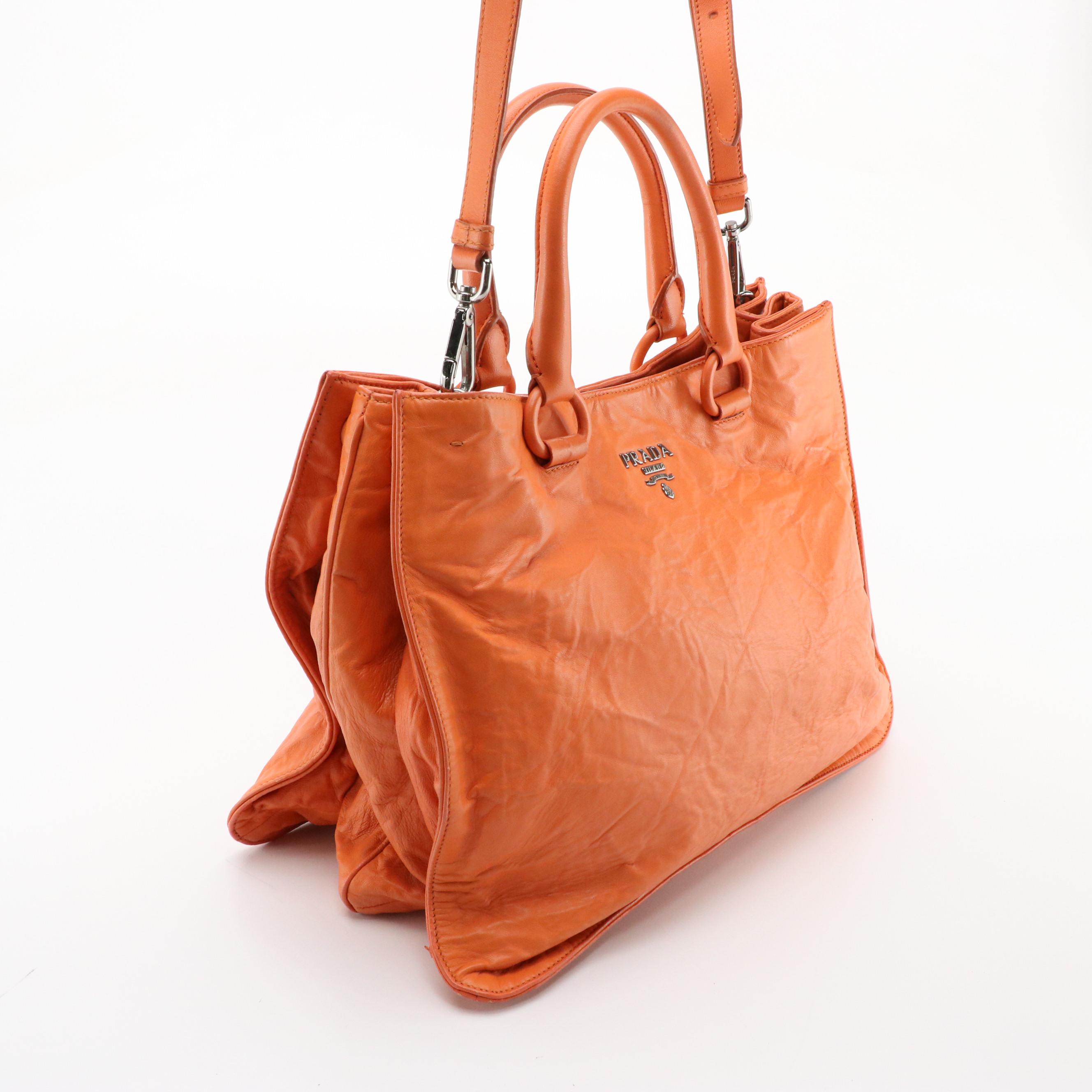 Prada Expandable Two-Way Tote in Orange Distressed Leather