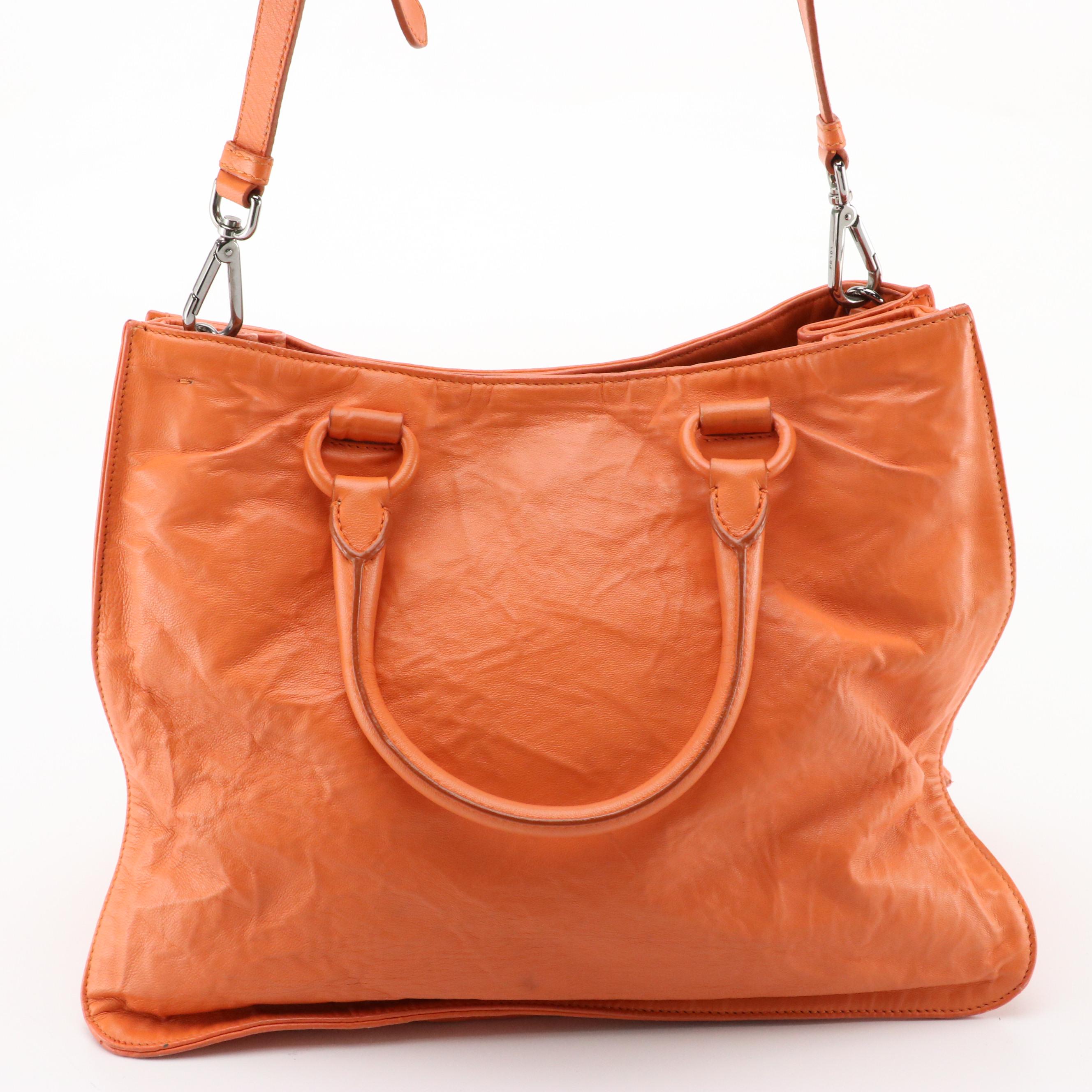 Prada Expandable Two-Way Tote in Orange Distressed Leather