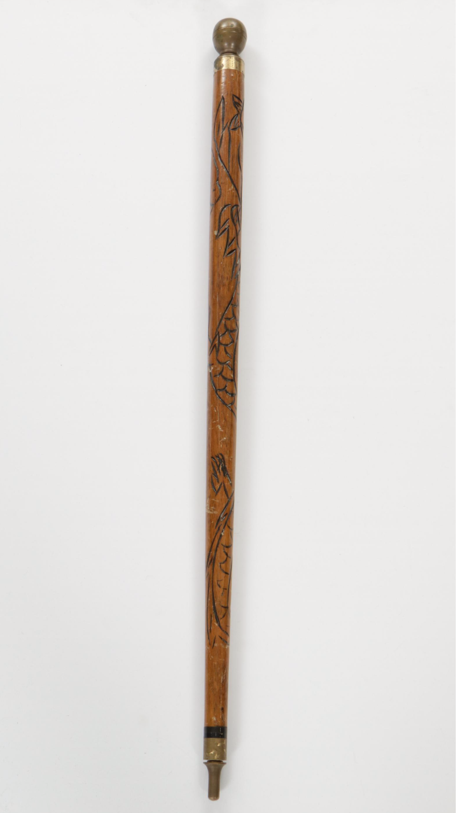 Carved Wood and Brass Wood Walking Stick and Pool Cue with Dragon Design