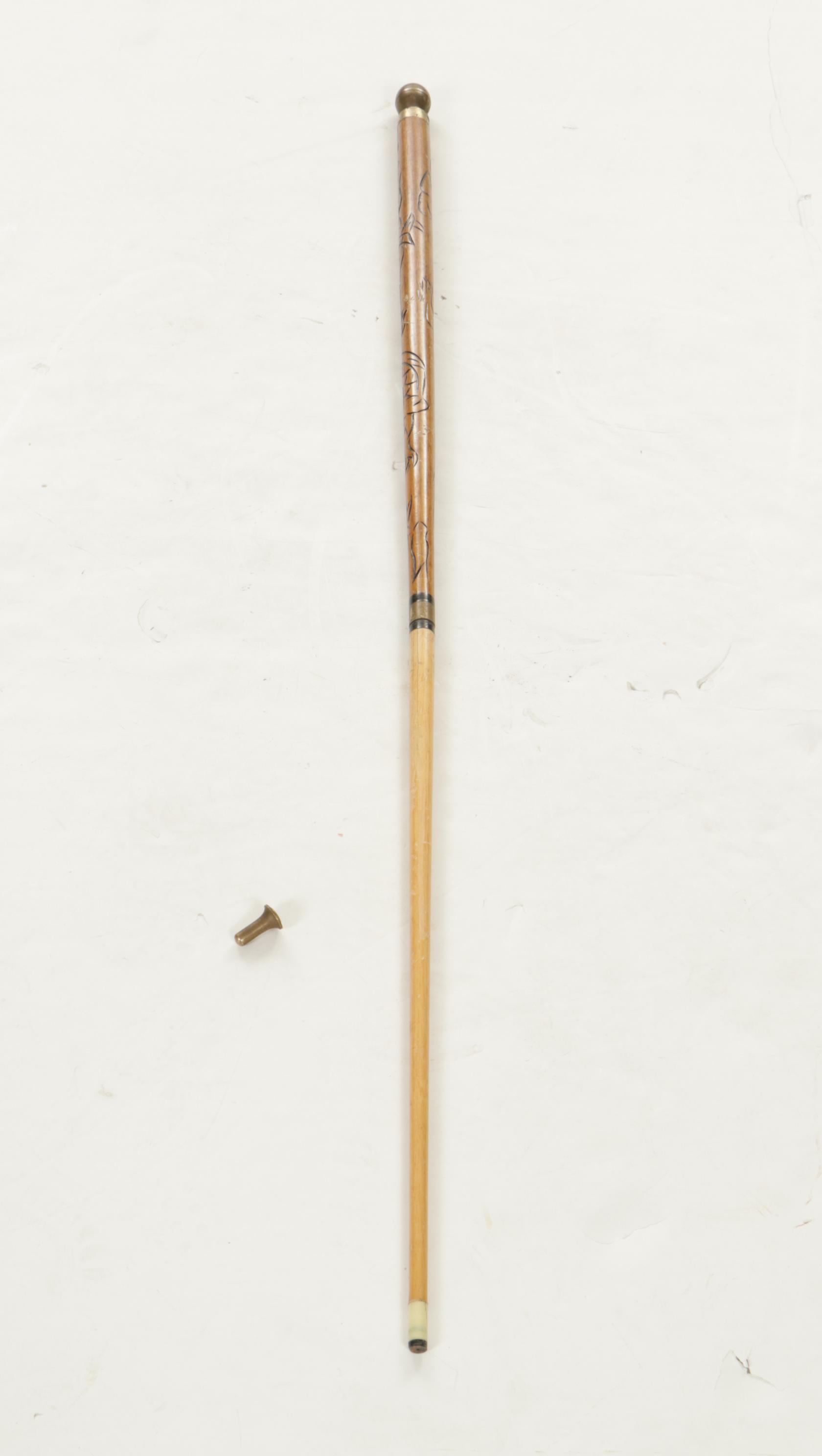 Carved Wood and Brass Wood Walking Stick and Pool Cue with Dragon Design