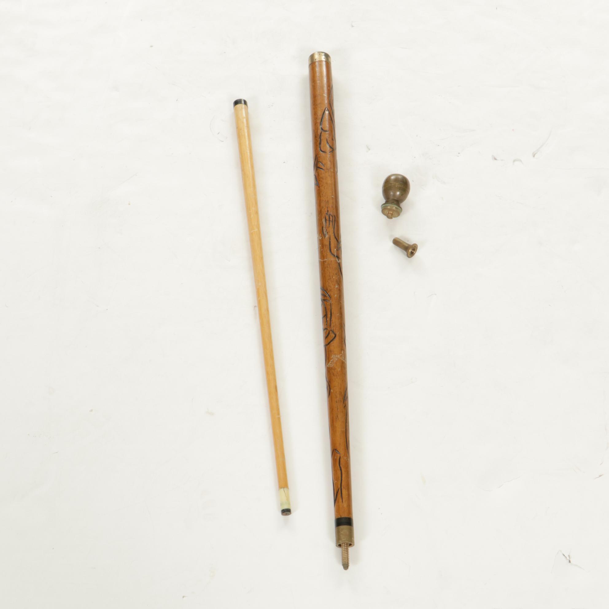 Carved Wood and Brass Wood Walking Stick and Pool Cue with Dragon Design