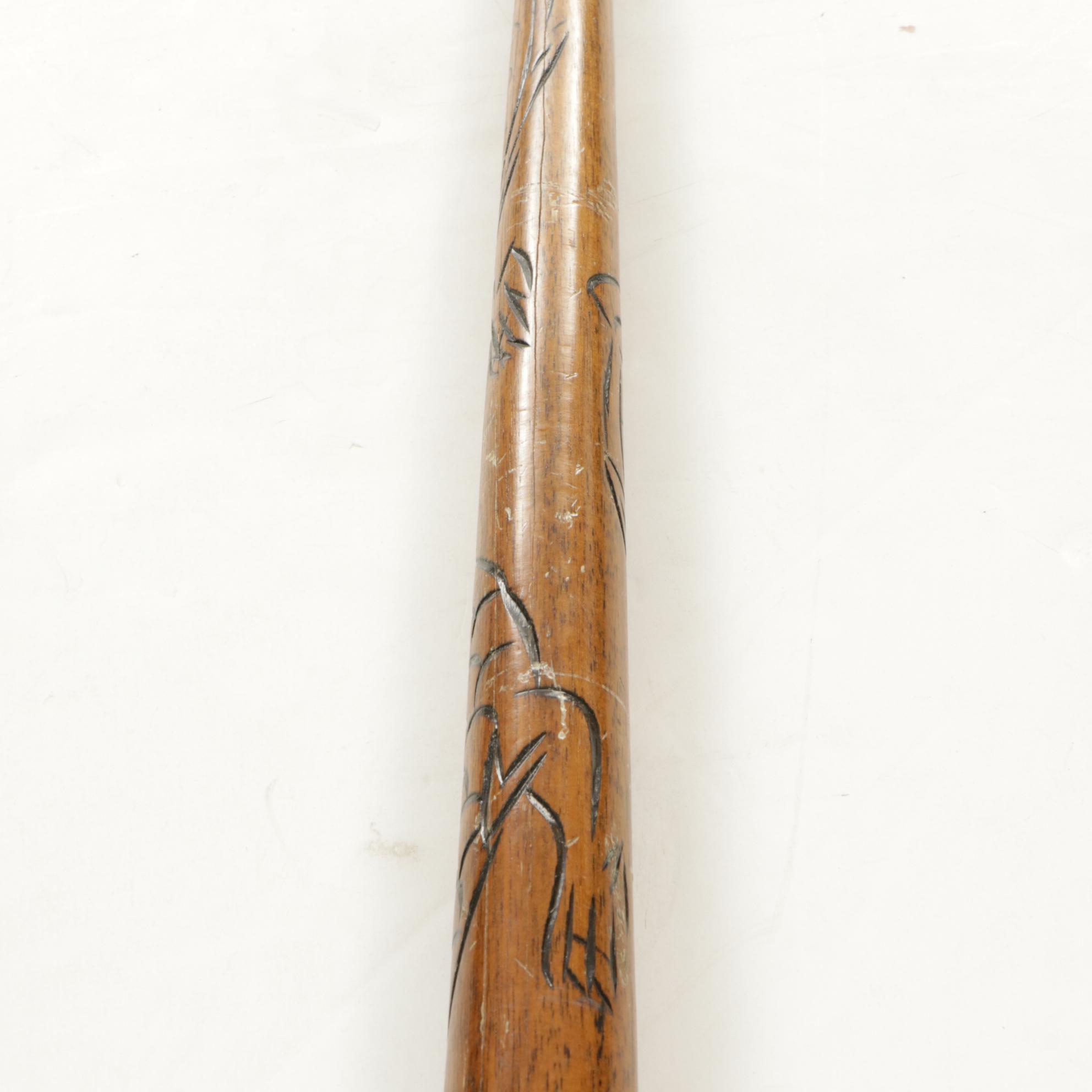 Carved Wood and Brass Wood Walking Stick and Pool Cue with Dragon Design