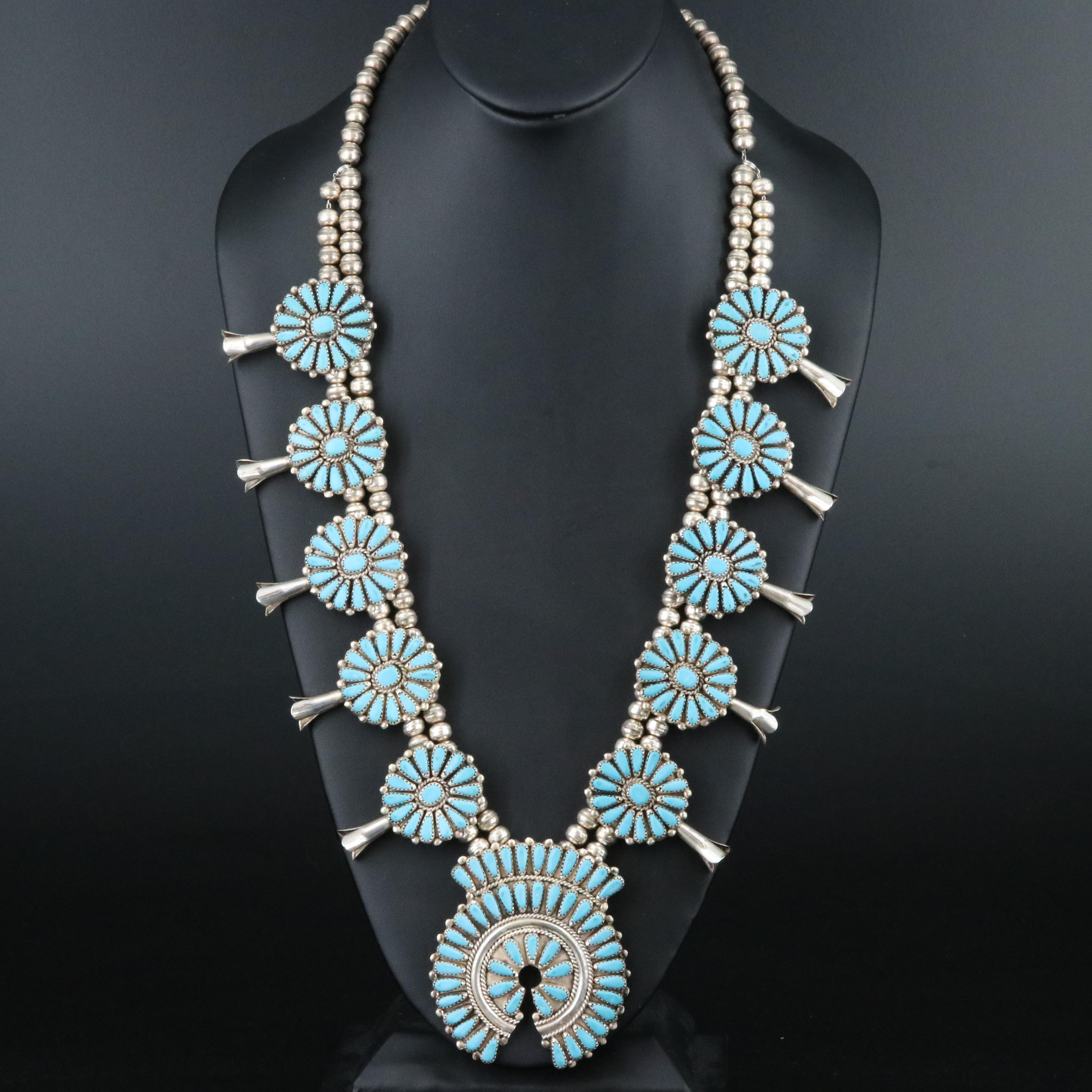 Wilford M. Begay Navajo Diné Sterling Turquoise Squash Blossom Necklace