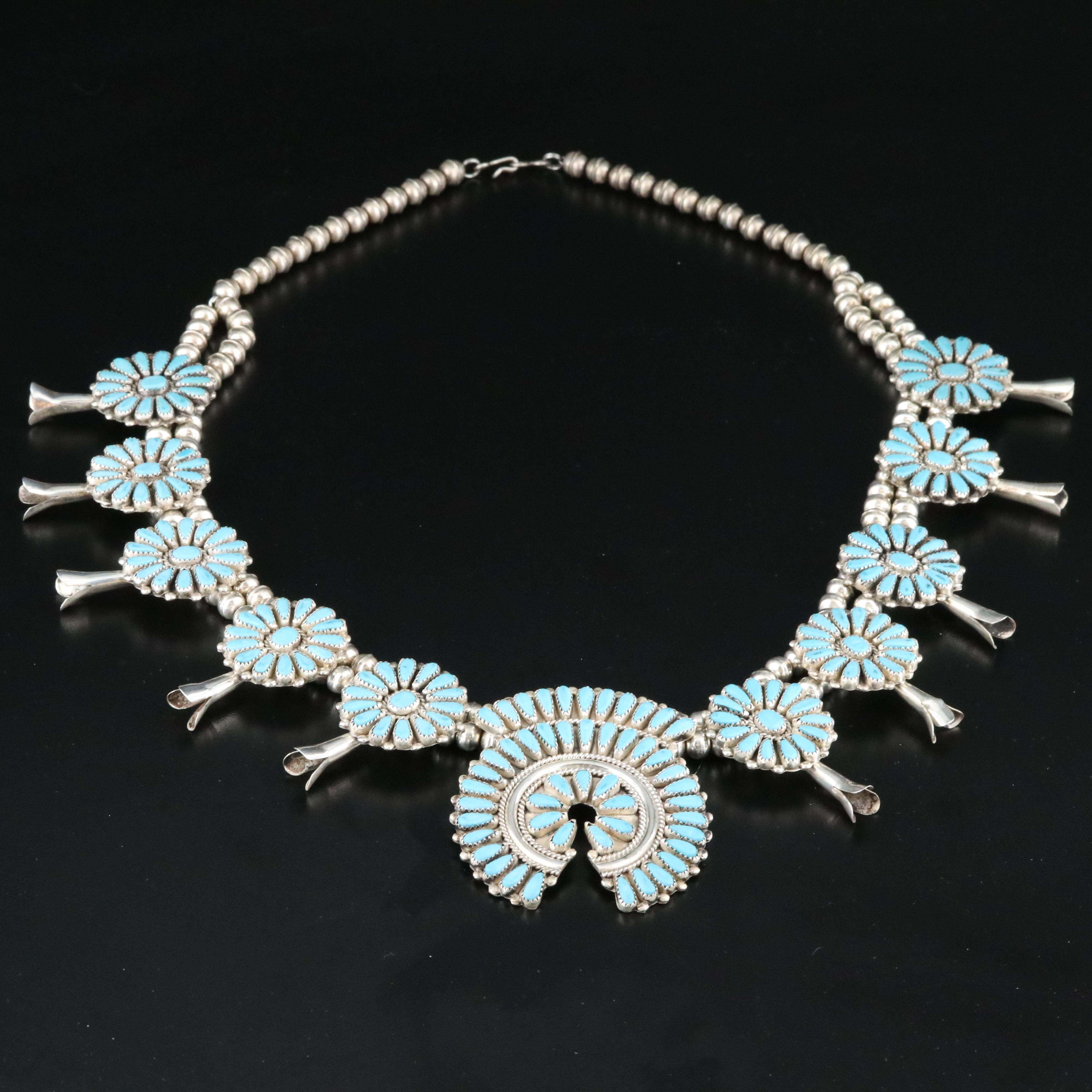Wilford M. Begay Navajo Diné Sterling Turquoise Squash Blossom Necklace