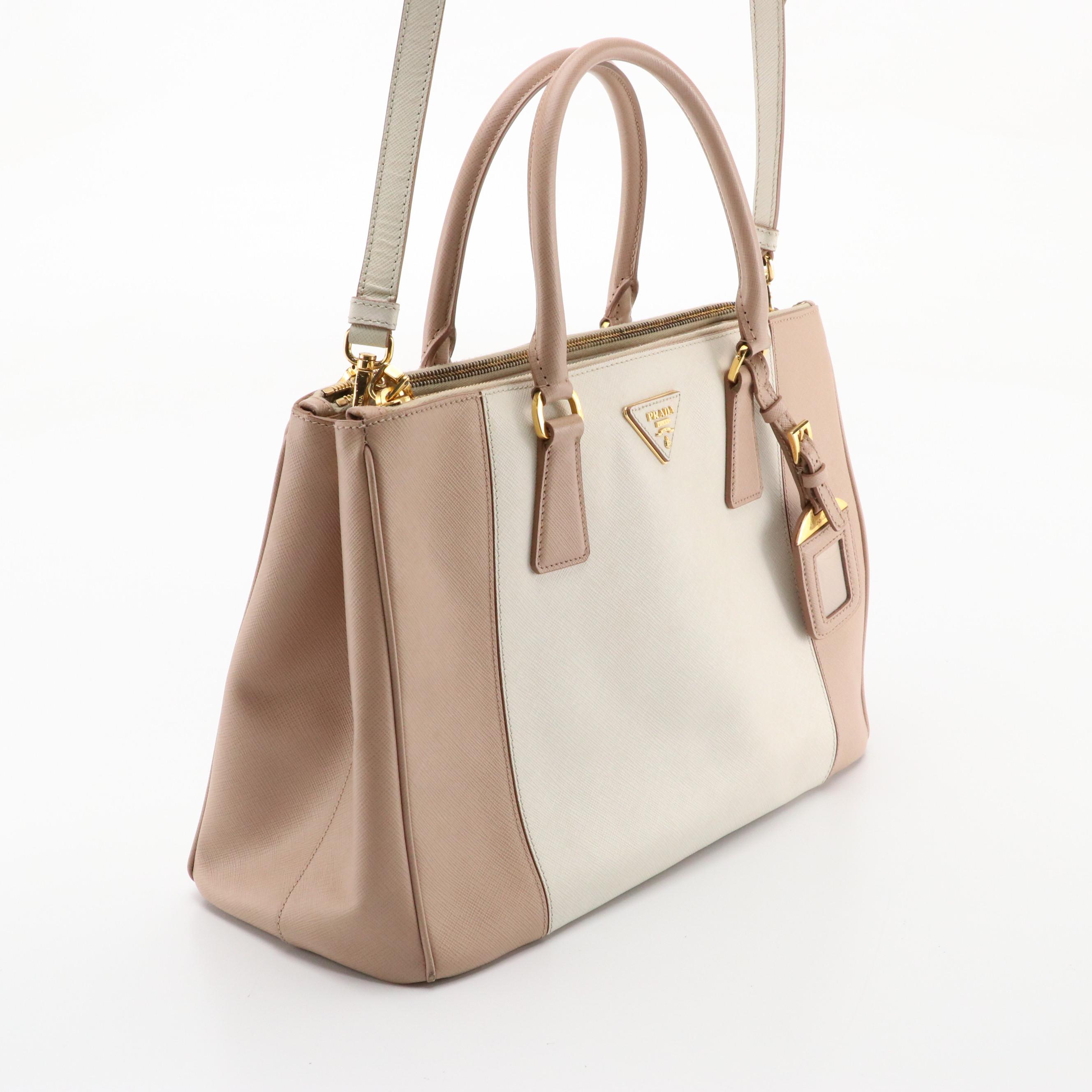 Prada Double Zip Medium Tote B2274C in Talco/Cammeo Saffiano Lux Leather