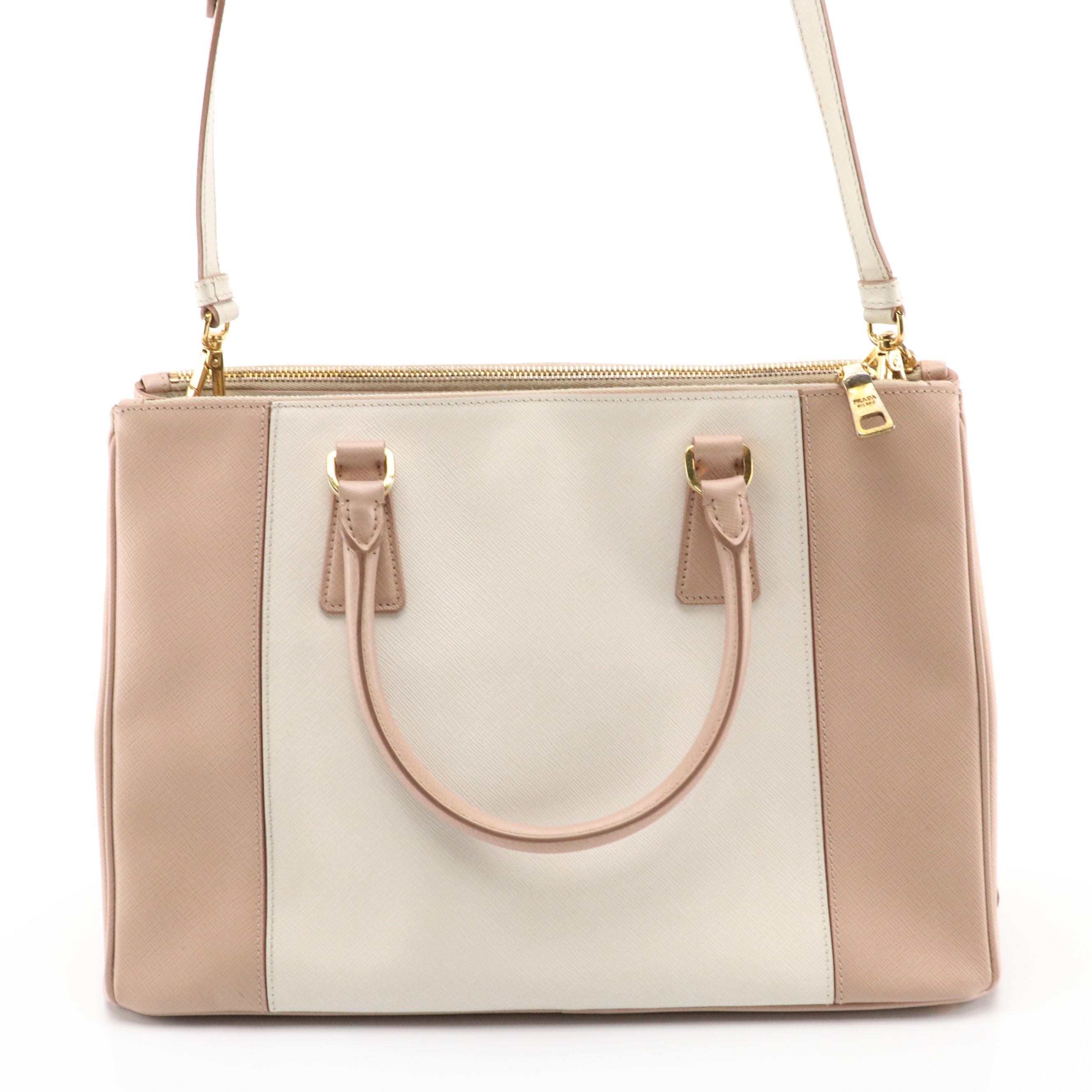 Prada Double Zip Medium Tote B2274C in Talco/Cammeo Saffiano Lux Leather