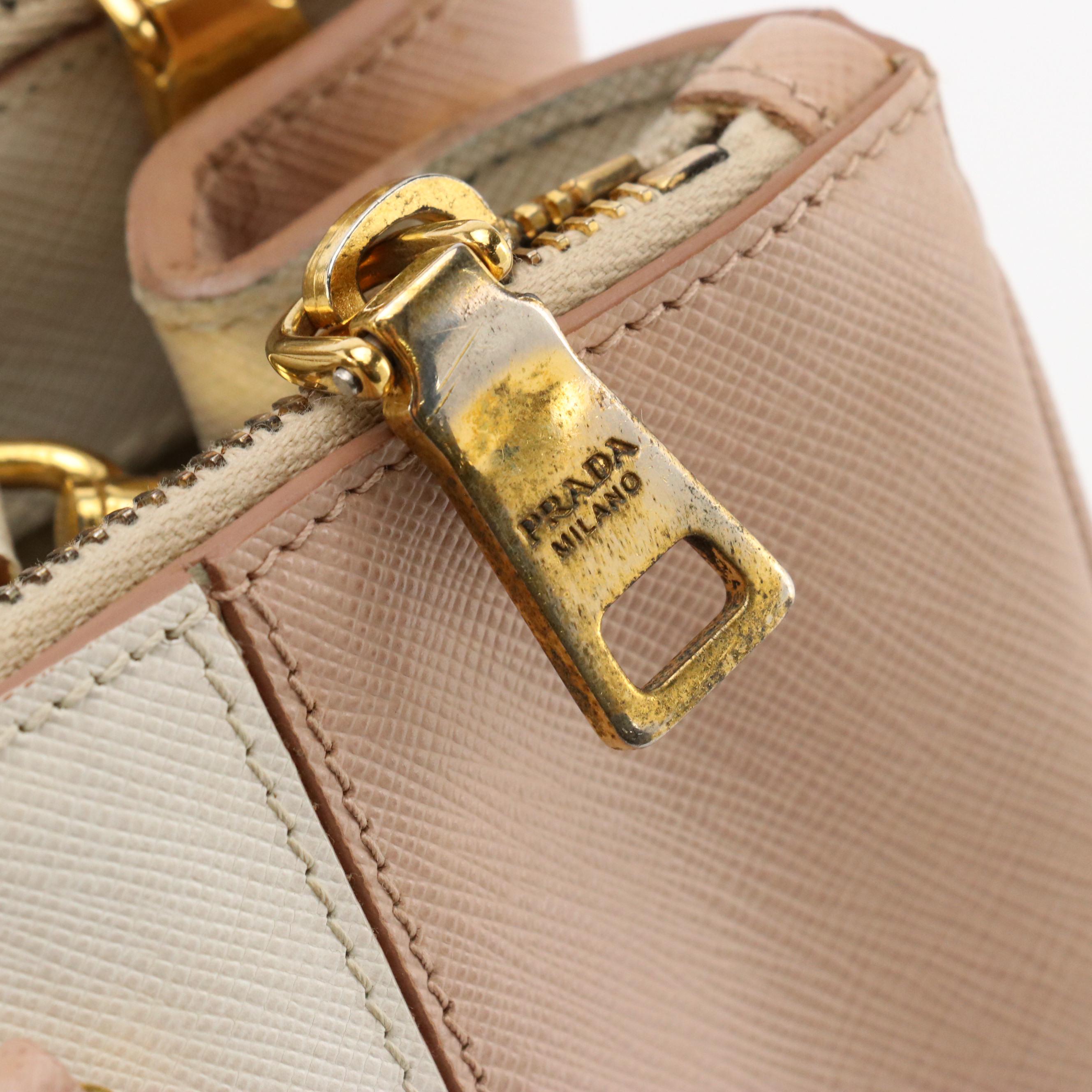 Prada Double Zip Medium Tote B2274C in Talco/Cammeo Saffiano Lux Leather