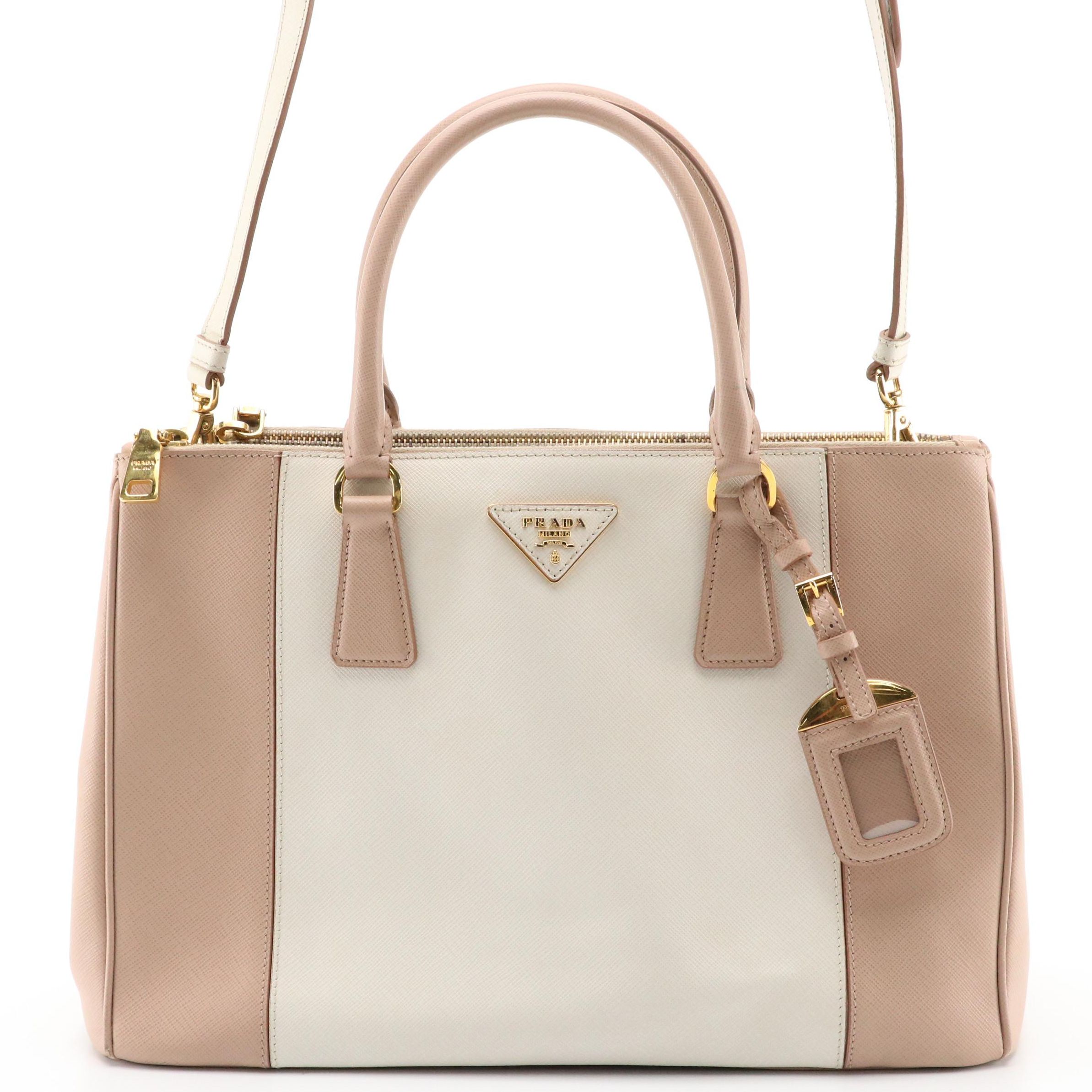 Prada Double Zip Medium Tote B2274C in Talco/Cammeo Saffiano Lux Leather