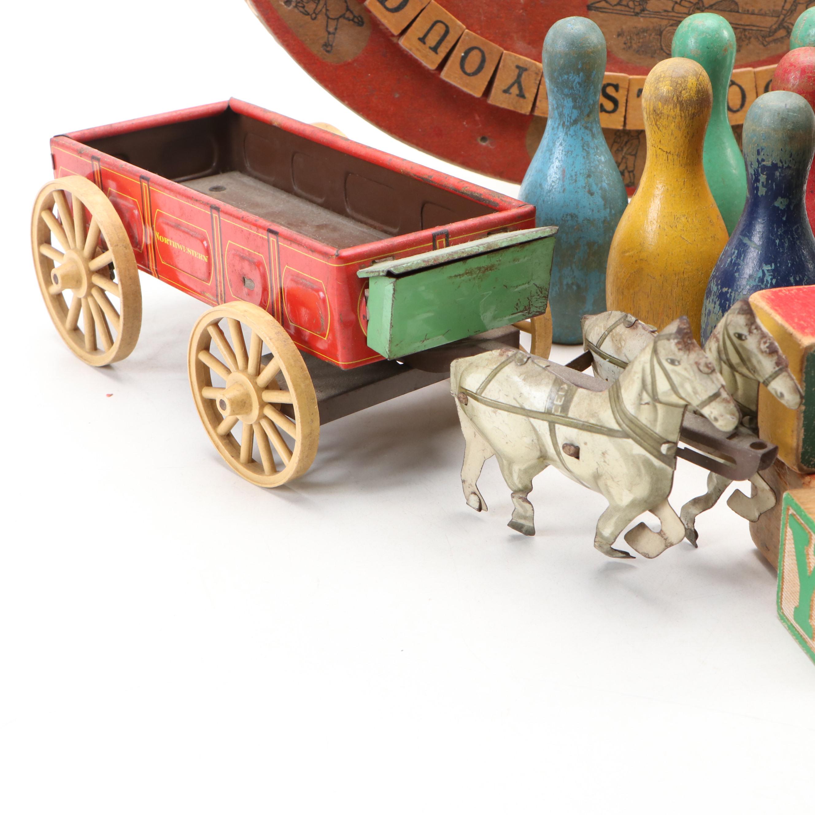 Educational Board, Letter Block, Wagon, Bell and More Toys, Early to Mid-20th C.