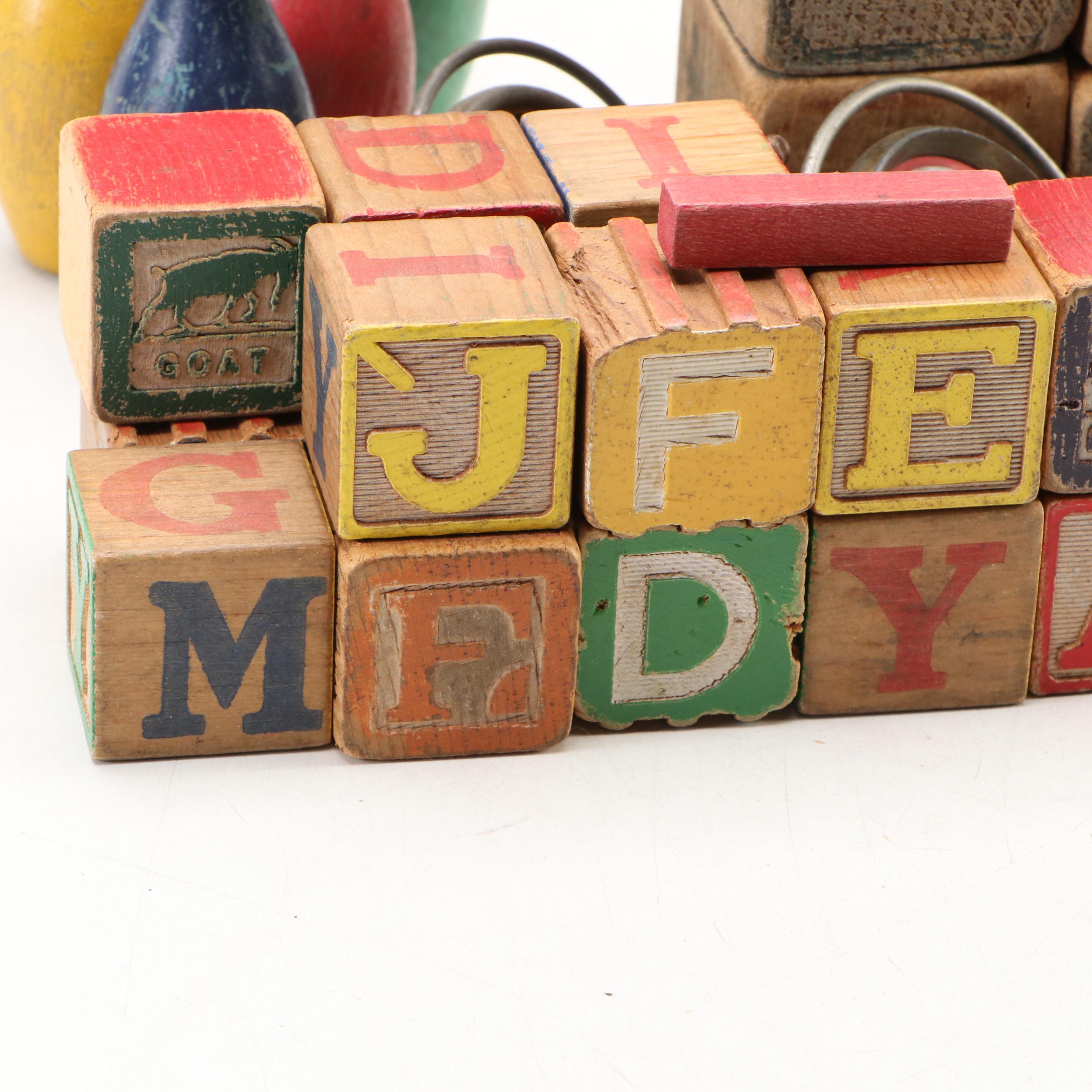 Educational Board, Letter Block, Wagon, Bell and More Toys, Early to Mid-20th C.