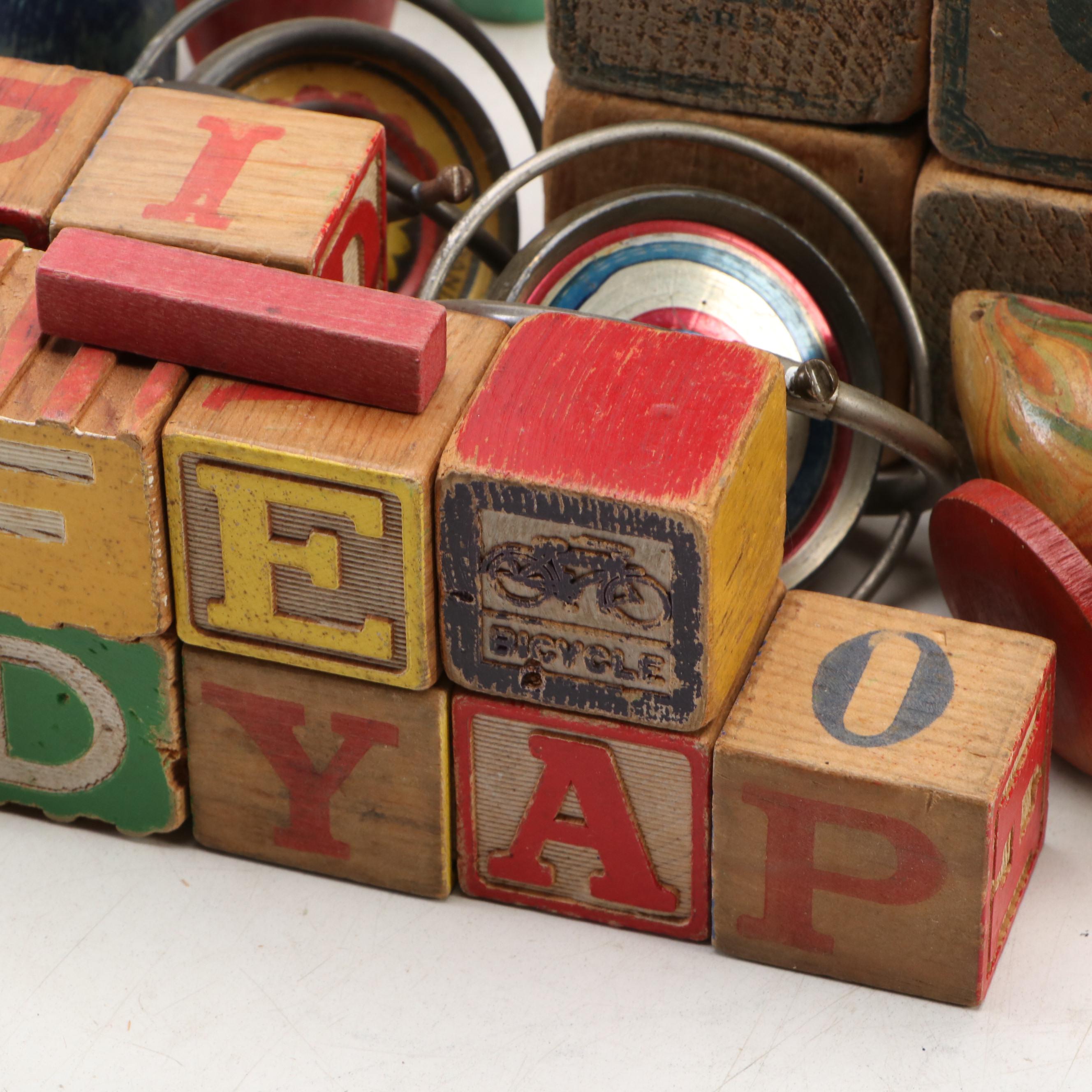 Educational Board, Letter Block, Wagon, Bell and More Toys, Early to Mid-20th C.