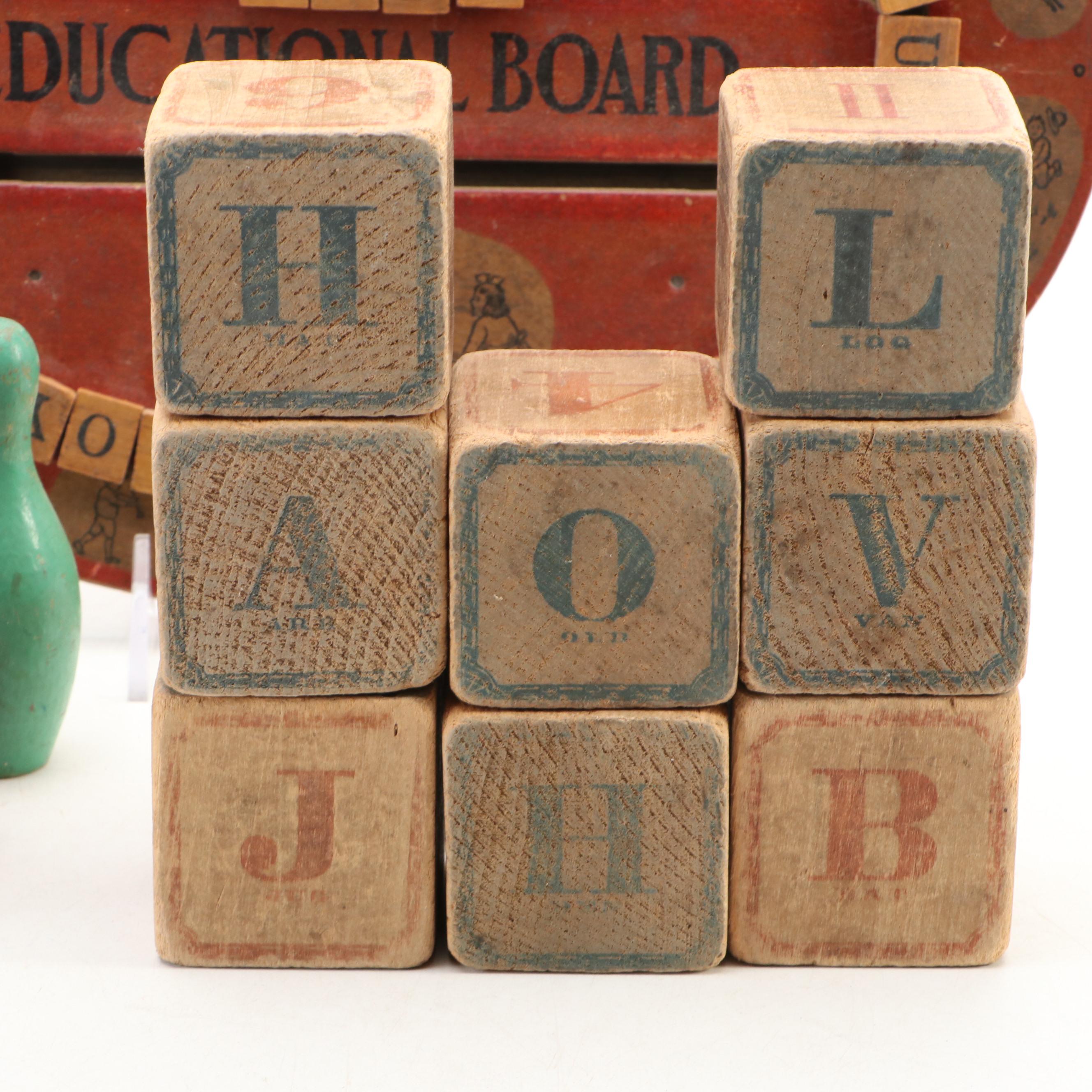 Educational Board, Letter Block, Wagon, Bell and More Toys, Early to Mid-20th C.