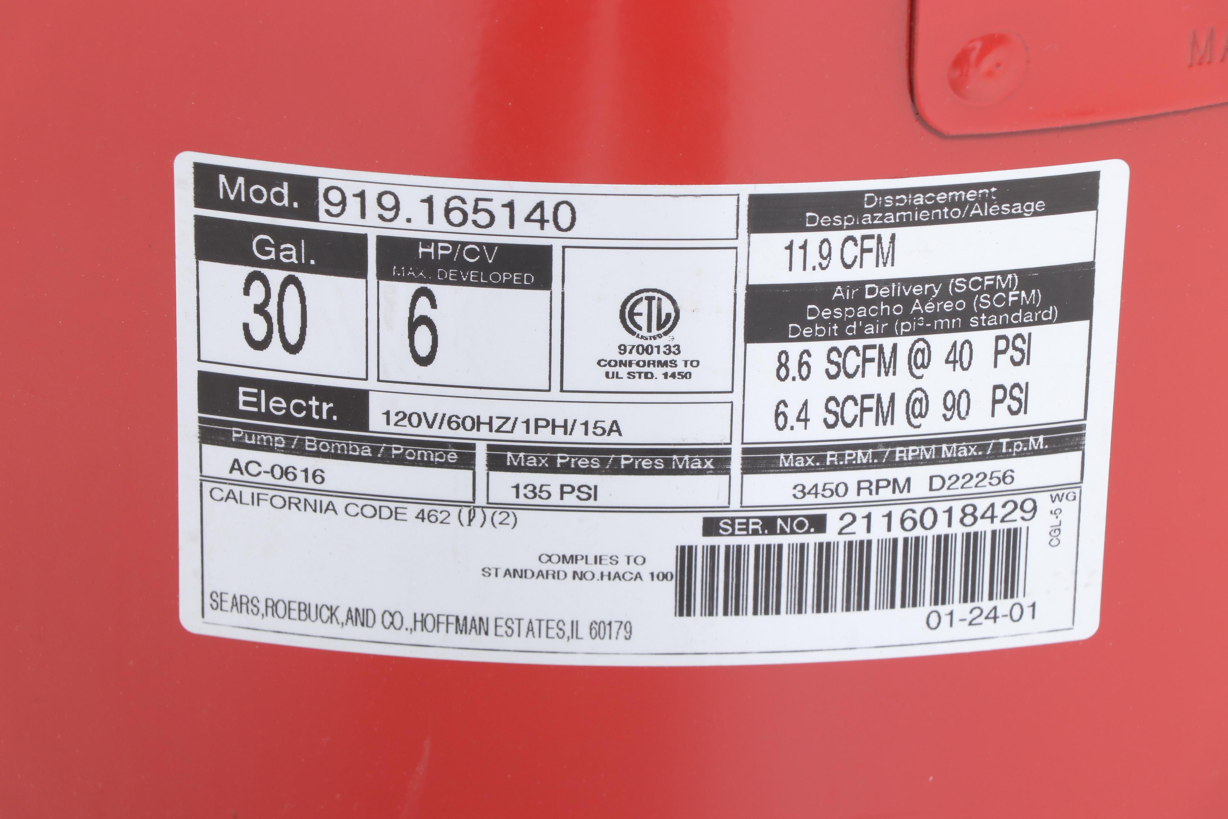 Craftsman Model 919.165140 30 Gallon Single Cylinder Air Compressor