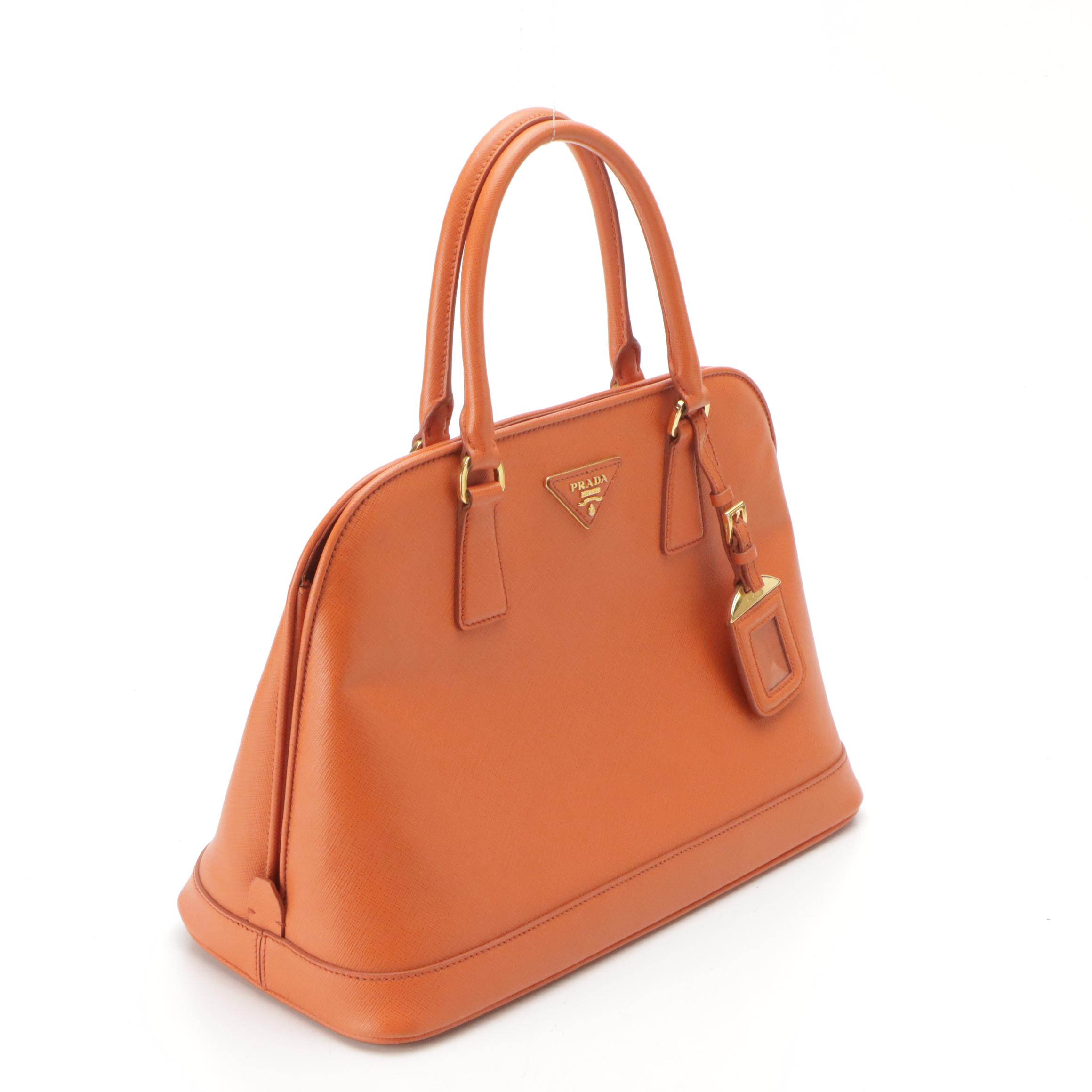 Prada Domed Top Handle Satchel Bag in Papaya Saffiano Leather