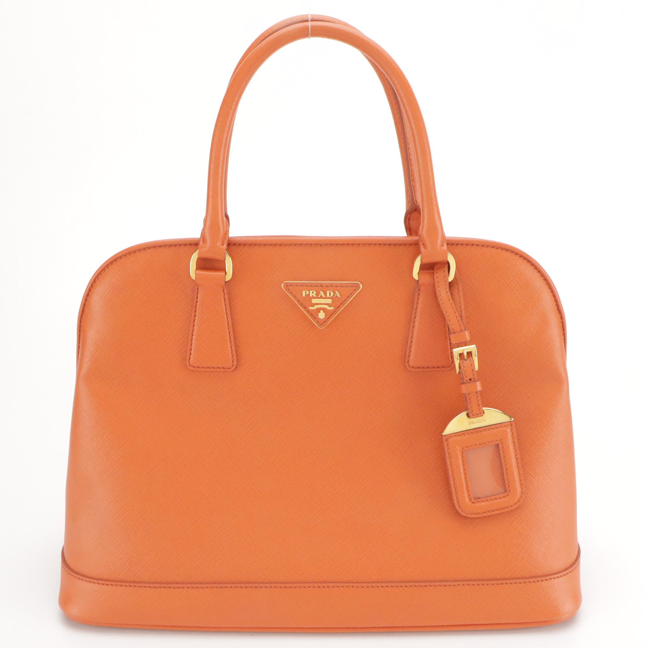 Prada Domed Top Handle Satchel Bag in Papaya Saffiano Leather