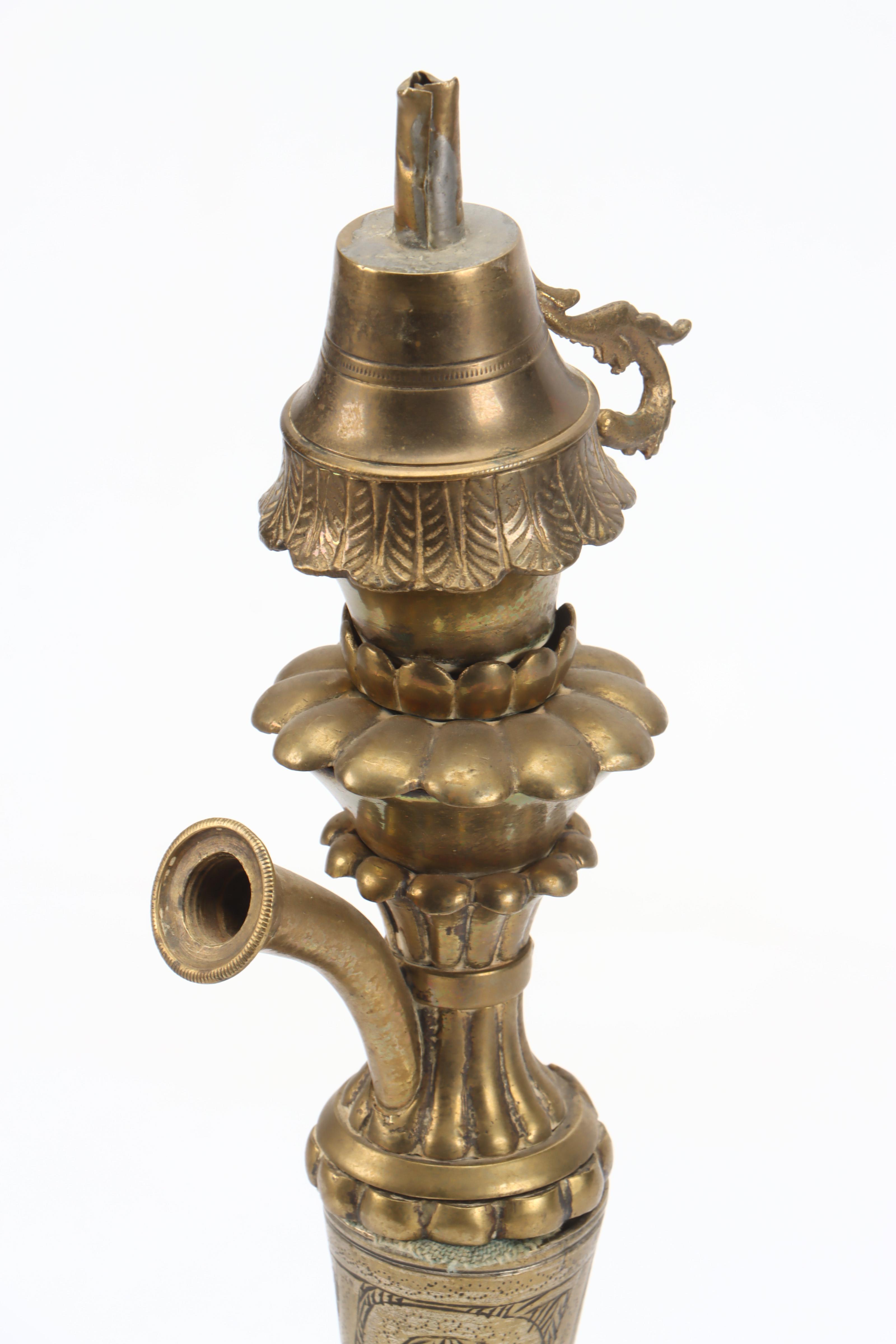 Middle Eastern Style Etched Brass Hookah Pipe and Dallah Coffee Pots