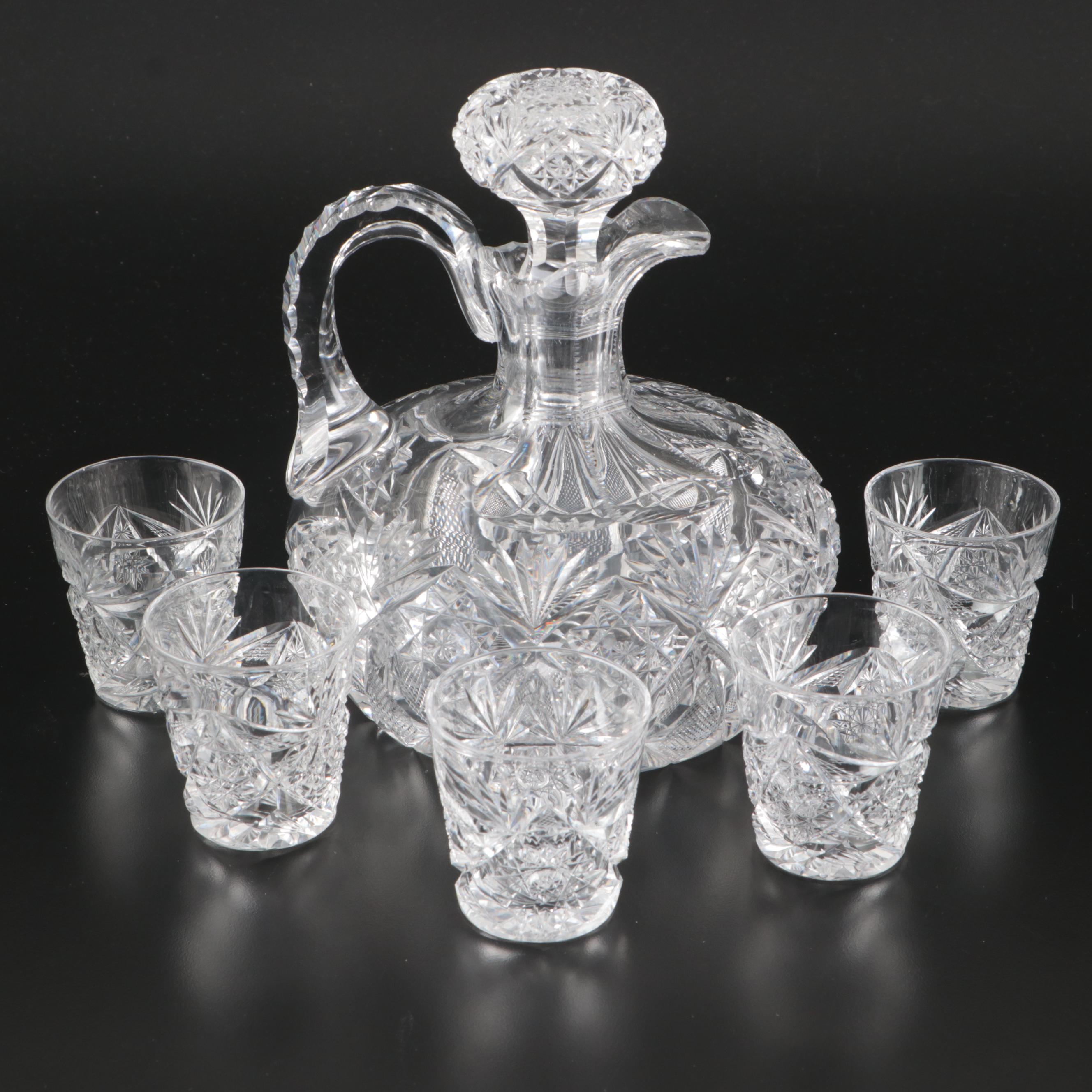 American Brilliant Style Cut Glass Decanter and Glasses, Late 19th/Early 20th C.