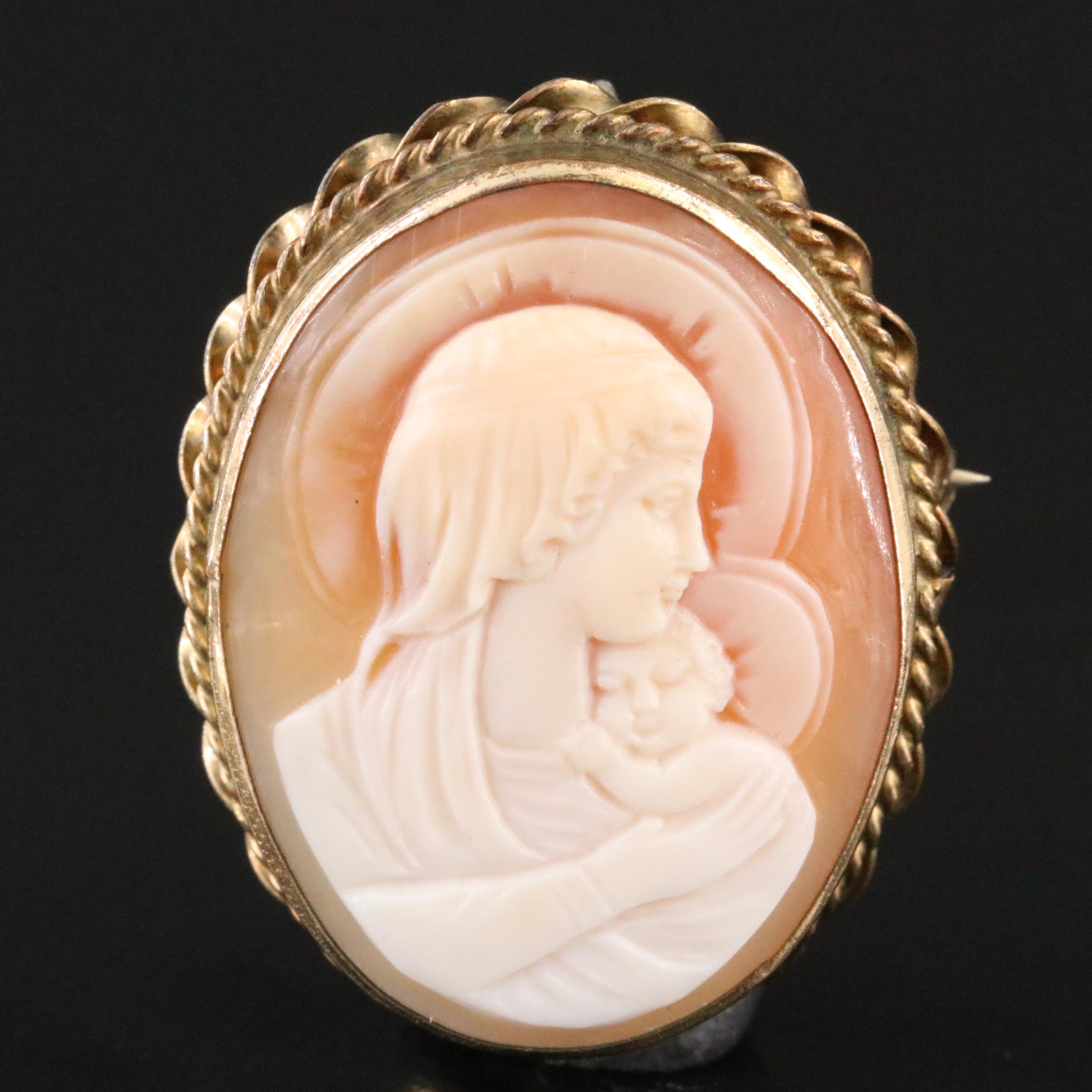 Madonna and Child Carved Shell Cameo Converter Brooch