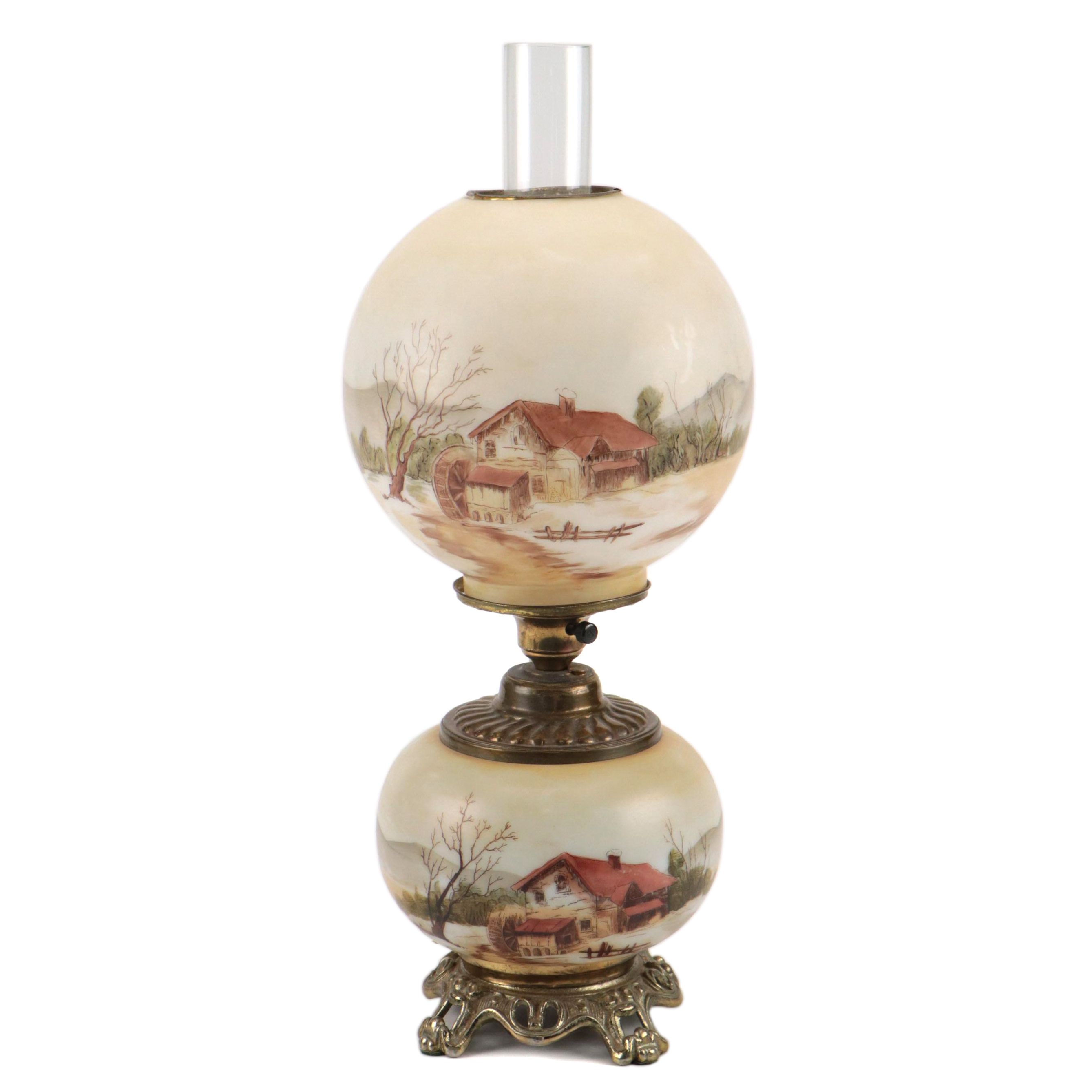 Victorian Style Farmstead Genre Hand-Painted Milk Glass Globe Lamp, 20th C.