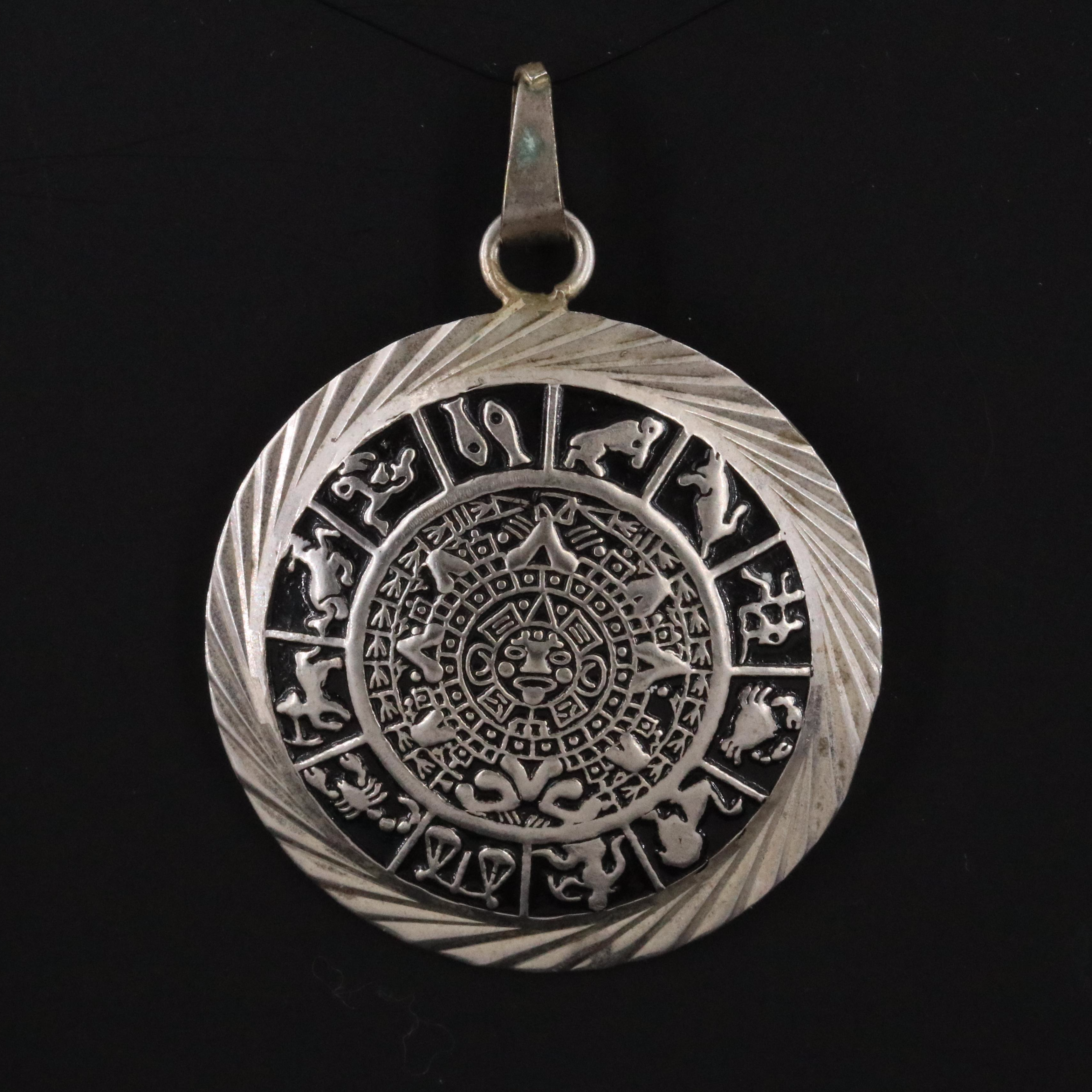 Sterling Enamel Zodiac and Aztec Calendar Pendant