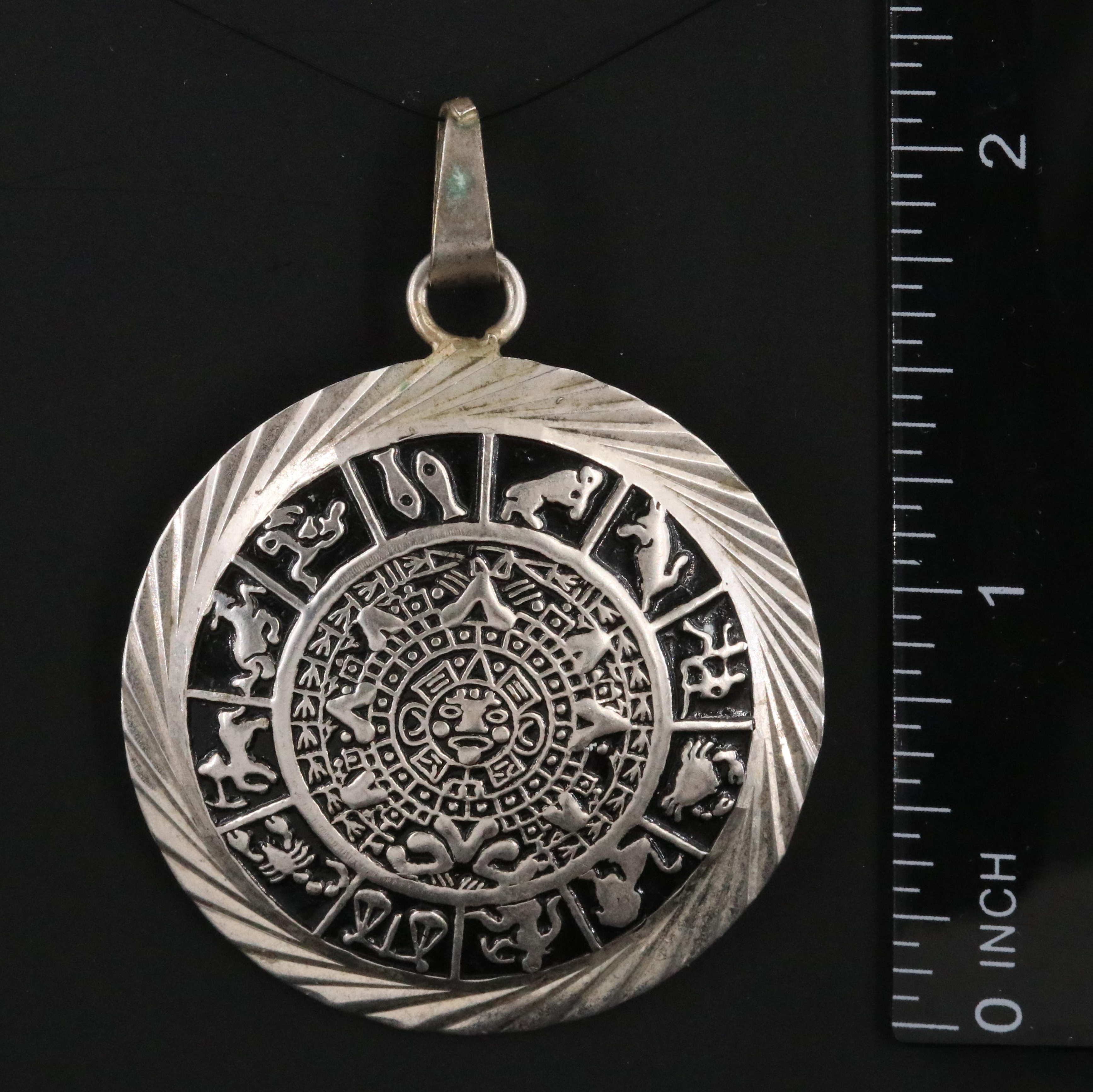 Sterling Enamel Zodiac and Aztec Calendar Pendant