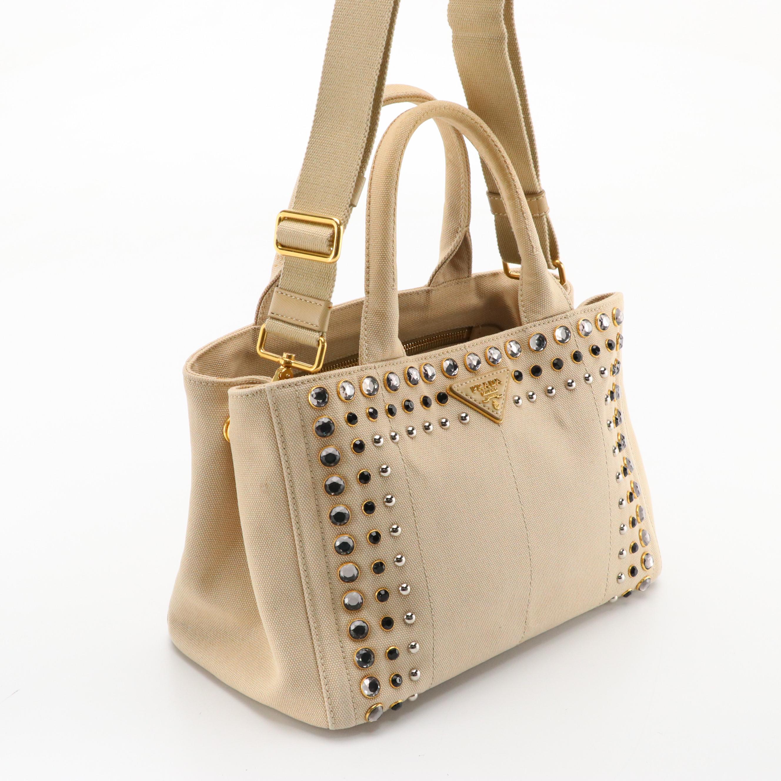 Prada Rhinestone and Stud Embellished Beige Canapa Canvas Two-Way Tote