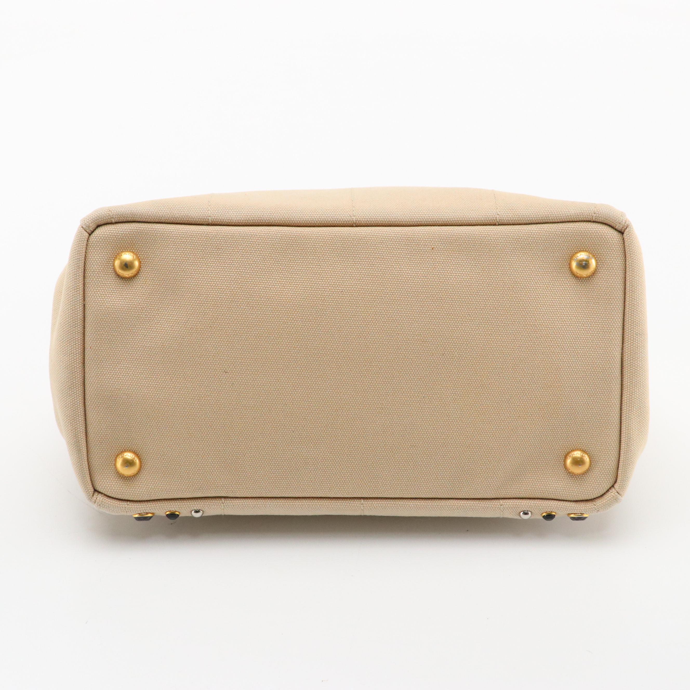 Prada Rhinestone and Stud Embellished Beige Canapa Canvas Two-Way Tote