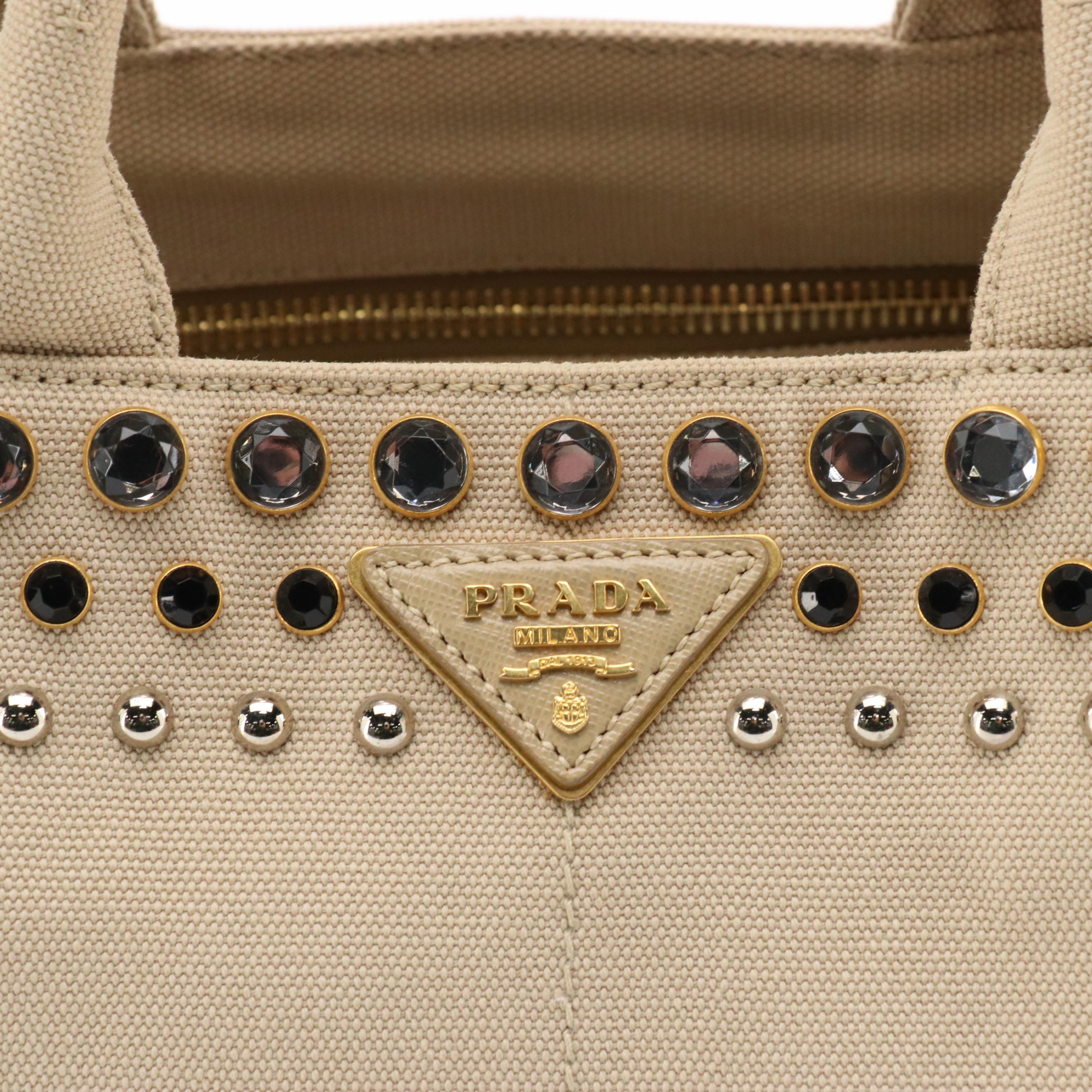 Prada Rhinestone and Stud Embellished Beige Canapa Canvas Two-Way Tote