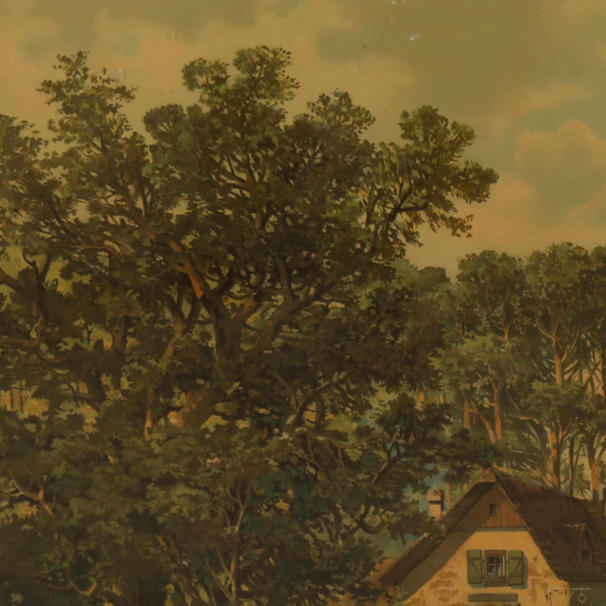 Riverside Landscape Color Lithograph, Early 20th Century